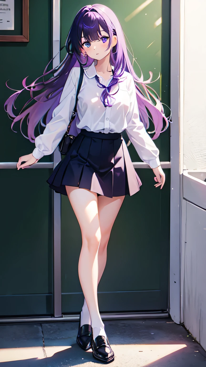 a girl, white shirt, short skirt, purple hair, beautiful eyes,long hair,face cute,full body