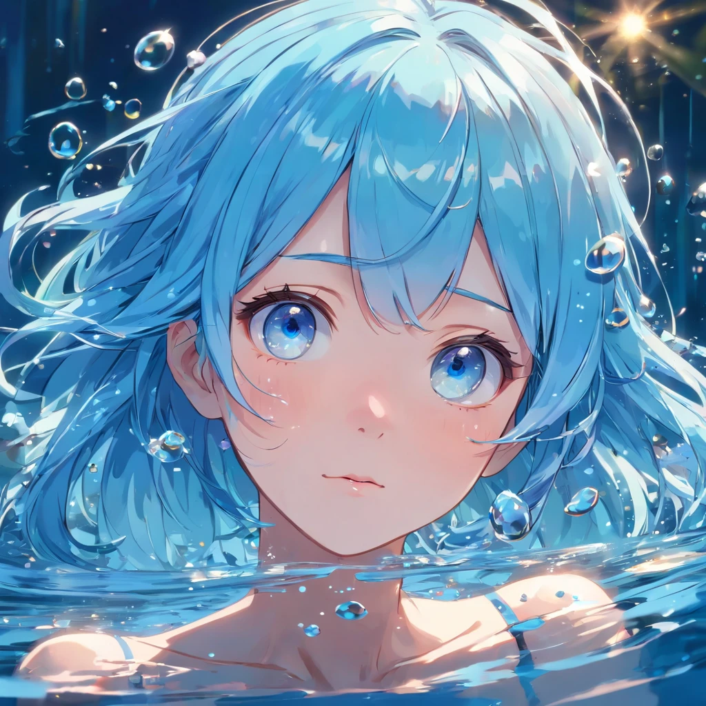 Masterpiece, best quality, extremely detailed, (illustration, official art: 1.1), (((((1 girl))))), ((light blue long hair))), light blue hair, , ((blush)), cute face, big eyes, masterpiece, best quality, ((a very delicate and beautiful girl)))), amazing, beautiful detailed eyes, blunt bangs (((little delicate girl)))), tareme (true beautiful: 1.2),
,Bubble, under the water
、An extremely close up portrait with low exposure inspired by the cover art of Wind of Change by MAXPVNK, of a light blue haired girl facing the camera, her face submerged up to nose level in clean, still, glowing neon blue lent water, only her blue eyeballs visible shining brightly in focus beneath the glowing surface looking directly at the viewer, small delicate blue flowers decorating her hair, against a dark blurred background, intricate water ripples radiating from her nose, digital painting in highly detailed niji anime art style, --ar 1:1 --niji