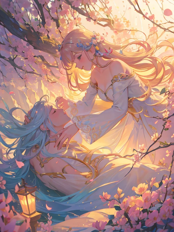 Soft lighting, Dreamy atmosphere, Exquisite aesthetics, fantasy theme, Natural elements, Floral Background, Subtle details, Flowing Hair, Whimsical poses, Vibrant colors, Petals falling