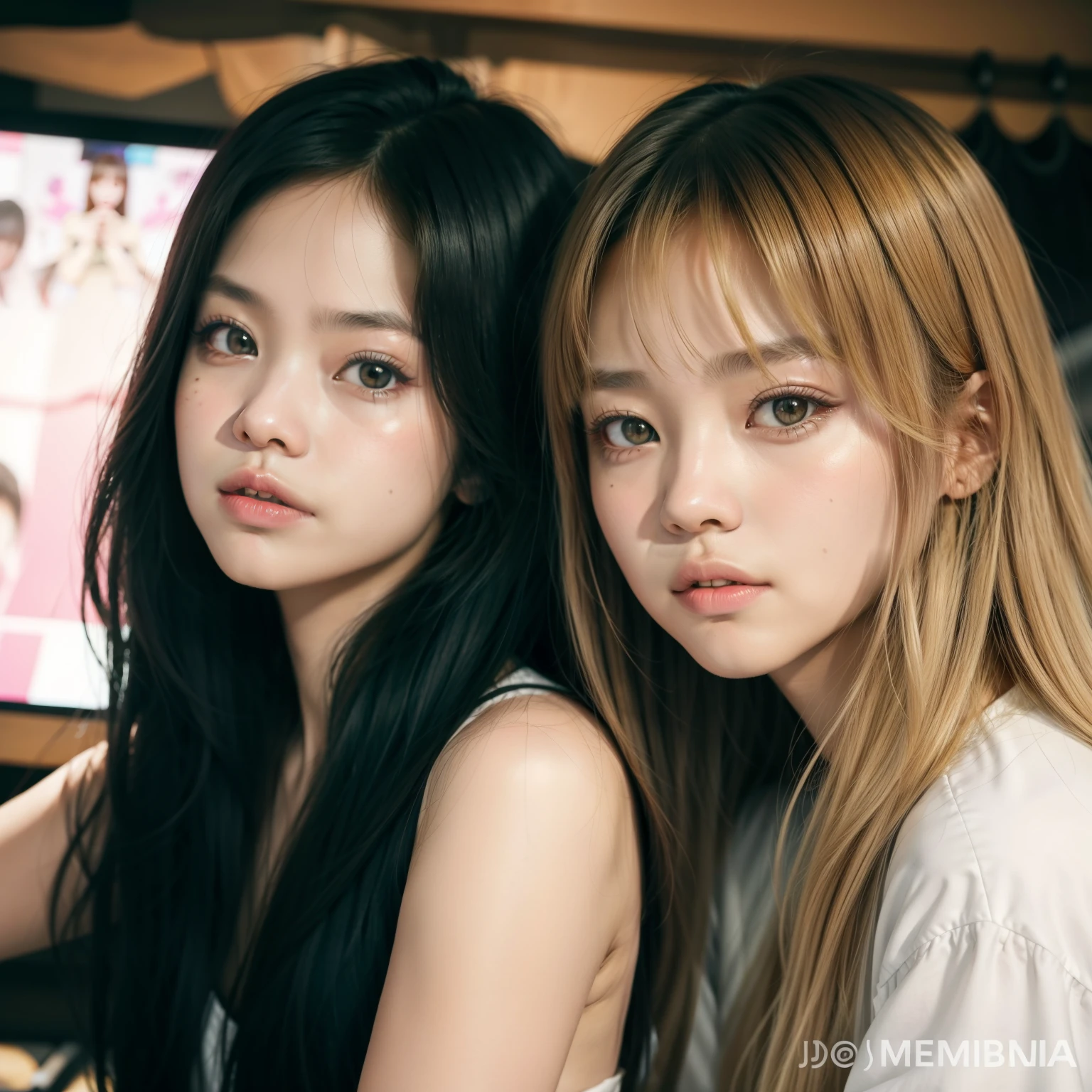 two women with long hair posing for a photo in a studio, lalisa manobal, lalisa manoban of BLACKPINK, cabelo longo com franja completa, jossi of BLACKPINK, portrait of jossi of BLACKPINK, cabelo longo com franja, BLACKPINK, kda e Sam isso, o corte Hime, roseanne park of BLACKPINK, inspirado em Wang Duo