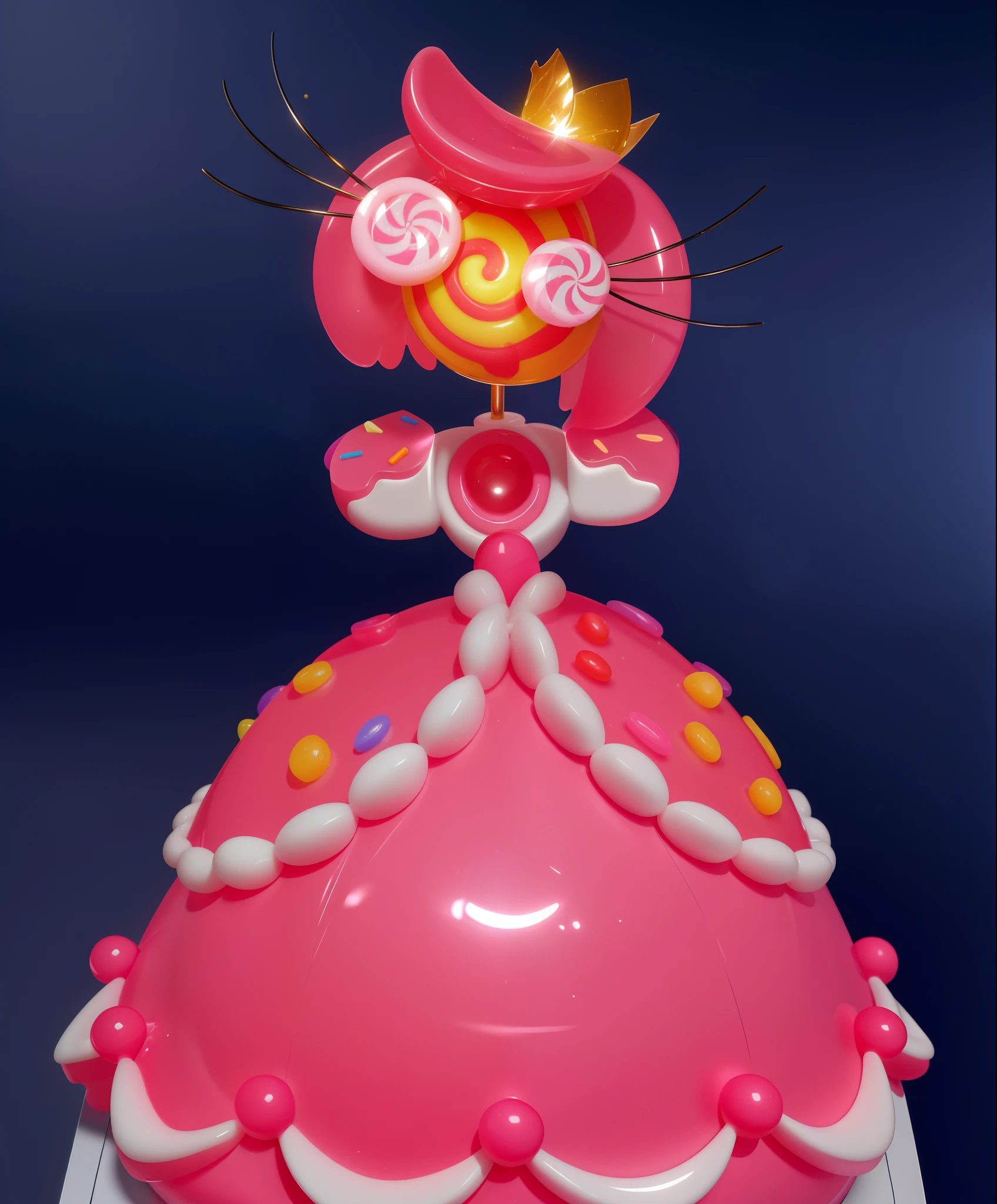 Generate a realistic image of a 'Candy Princess': she's pink, crafted entirely from candies and lollipops. She wears a lavish dress resembling a cake, with glossy, high-quality textures. Her head is also candy-like, with eyes resembling candies. Emphasize the details and add shades that enhance the sweetness and luxury effect., candy girl, glossy candy texture, smooth 3d model, multiple light sources, rim light, sharp post effects render, (glossy candy texture with multiple big light probe refractions), perfect cgi, smooth silhouette, high intensity refraction, (super glossy lollipop), most beautiful vfx, candy refractions, realistic, 4k, high resolution, rim light, photo shoot, commercial photo, profile shot, 4k, rim light, high resolution, 4k, glossy texture, smooth 3d model, multiple light sources, rim light, sharp post effects render, (glossy candy texture with multiple big light probe refractions), perfect cgi, smooth silhouette, high intensity refraction, (super glossy candy material), most beautiful vfx, blue background, chrome lollipop refractions, multiple light sources, rim light, sharp post effects render, perfect cgi, digital art, detailed digital art, reflective, best quality, 4k, masterpiece:1.2, ultra-detailed, realistic, vivid colors, dark and moody lighting, The image of the highest quality, ensuring every detail showcased perfectly. It in 4k resolution, allowing viewers to immerse themselves in the richness of the colors and intricate details. The realistic rendering. under the spotlight, reflecting, high-resolution image, realistic rendering, dark background, and rim light photorealisti