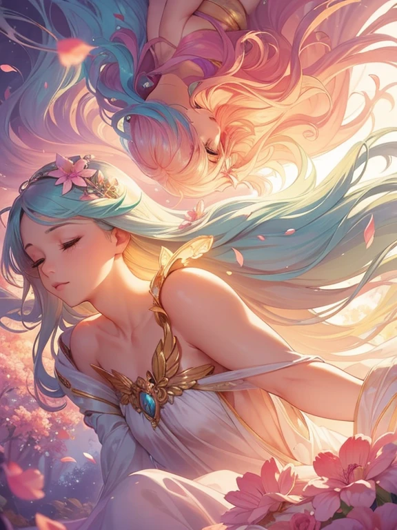 Soft lighting, Dreamy atmosphere, Exquisite aesthetics, fantasy theme, Natural elements, Floral Background, Subtle details, Flowing Hair, Whimsical poses, Vibrant colors, Petals falling
