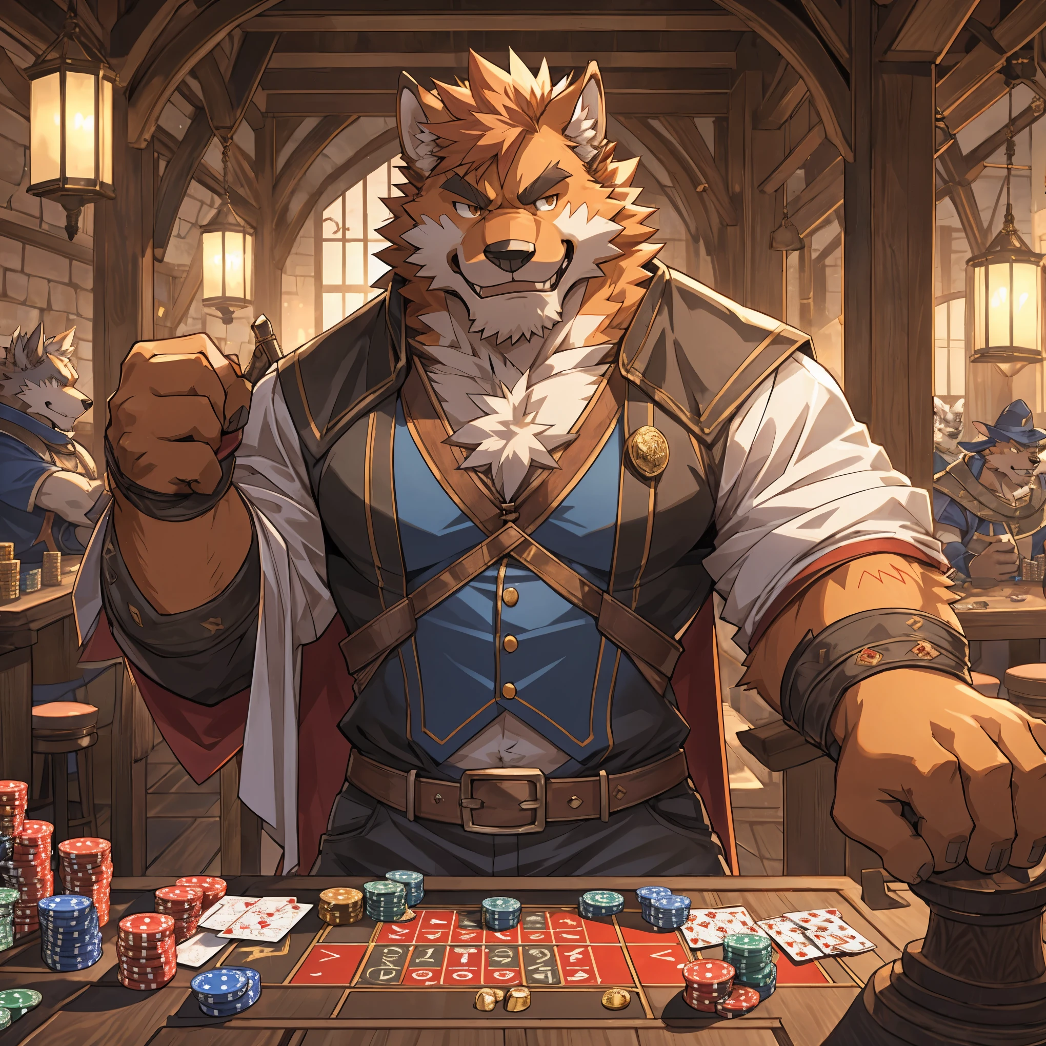 （CG 8k）Dog Orc，Orange fur，Raggedy outfit，gambler，Medieval Casino，Smirk，dice，Solitary，Facing the camera，author：Takemoto Arashi ，by zixiong