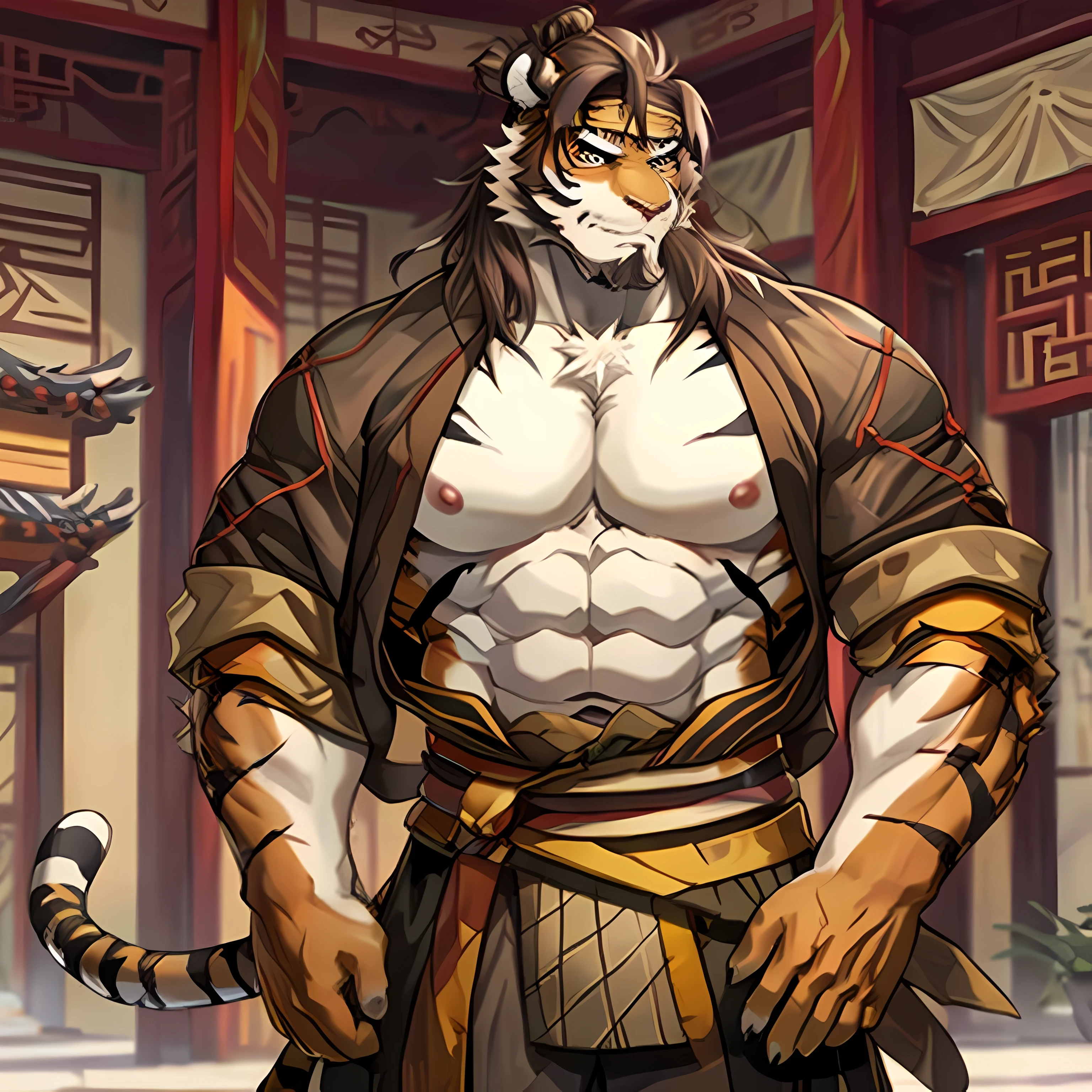 Masterpiece,Best quality,1boys,(Huai_Tianpei),Solo,Muscular male,hi，It's nothing,8K HD,Extreme detail,Detailed background,Masterpiece,Muscular,muscular anthro,aged up,view the viewer,hair-bun,Beard,Sideburns,Open clothes,Chinese clothes,Claws,Thick eyebrows,Orange body,Facial hair,Tiger tail,Brown hair,Headband,Tiger ears,Tiger Boy,Medium hair,Upper body,