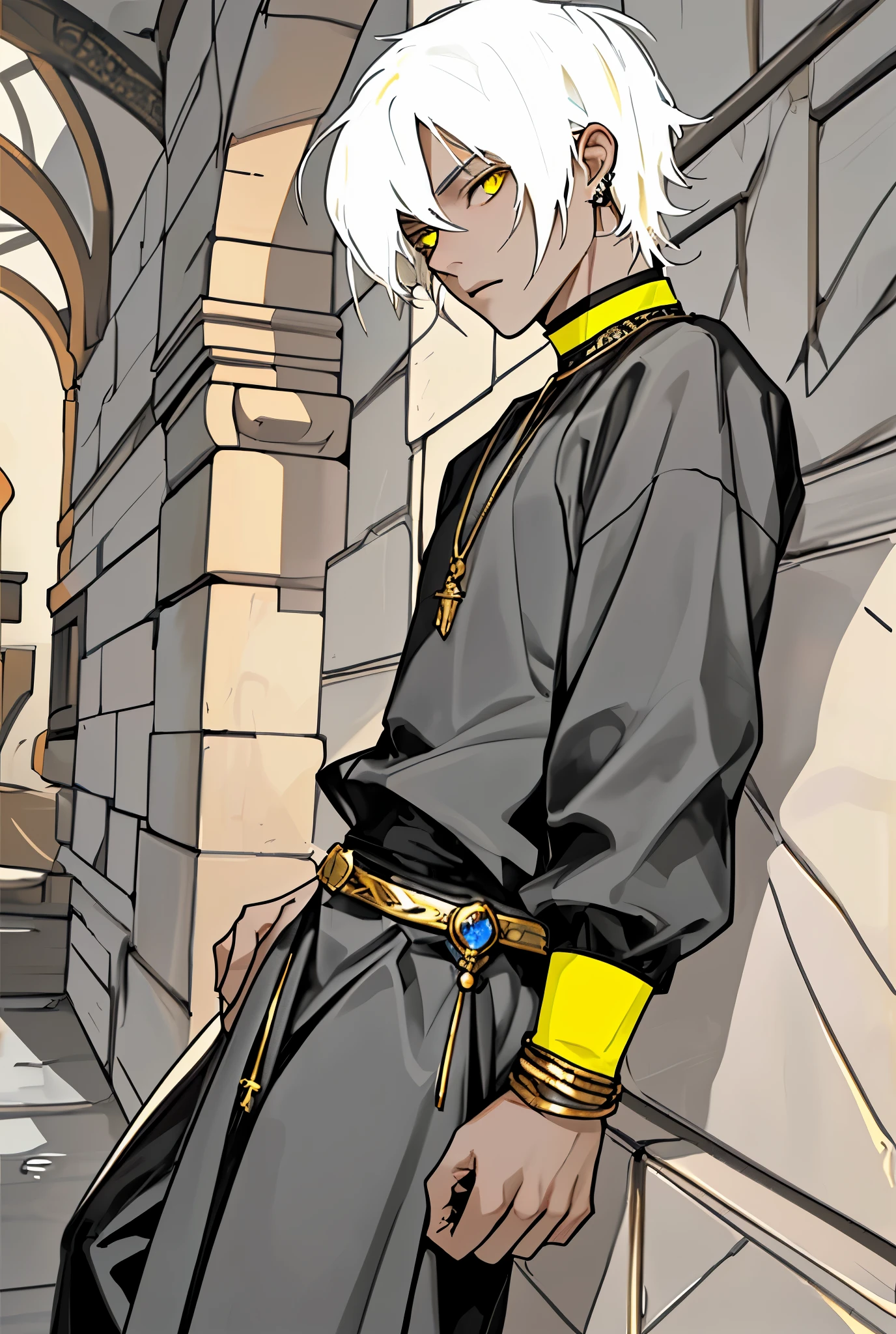 young man of white hair yellow eyes black clothes with yellow gold jewelry is speaking suspiciously