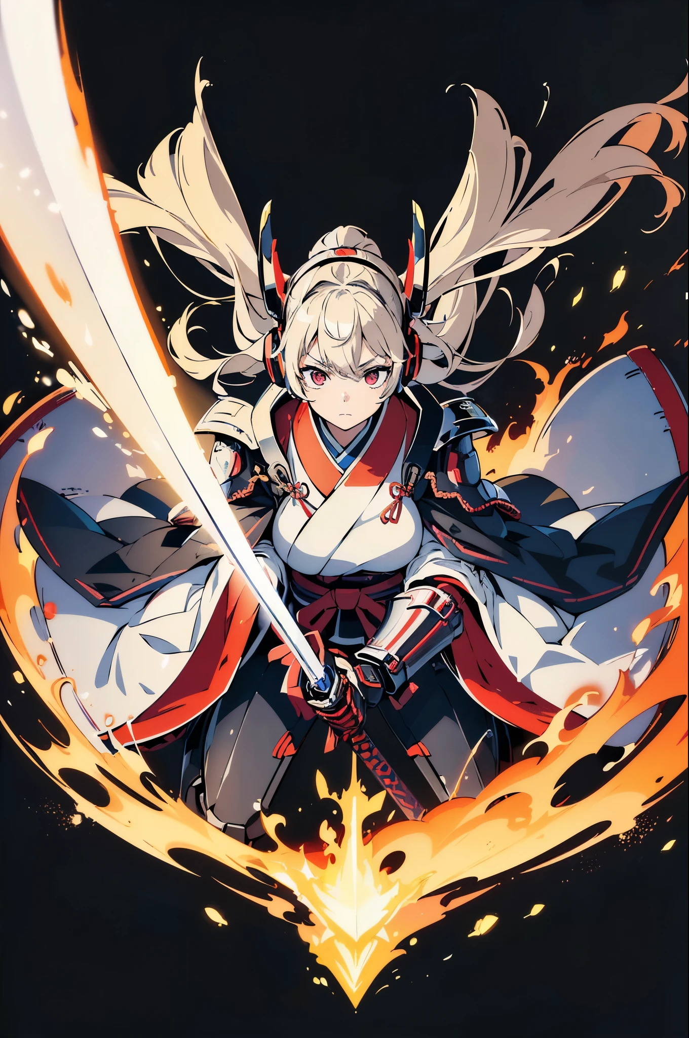 (Dynamic pose:1.2)、Beautiful woman,((extreme close up:1.3))、(((samurai kimono)))、((Cyber Headphones:1.3))、((メカニカルheadgear:1.3))、(((Mechanical Samurai、Machinery Armor))), ((Perfect figure, Beautiful Face, Beautiful Face, Ponytail Hairstyles, Beautiful Skin, Very detailed髪, The finer details)), (((Cinema Lighting, Beautiful lighting effects, Creative Design, Full Body Frame, Divine Aura, hard Harmony , Perfect color change, Perfect contrast balance, Perfect color layers, Perfectly smooth color bleeding, Soft Rendering, smooth color strokes, Optical Lenses, Soft colors, Smooth color blending, Perfect color expression, Harmony, perfect color Harmony, Beautiful colors, soft Harmony, Particles of light, Perfect detail, Intricate details, color prism, The finer details, The finer details))), super high quality, Very detailed,Perfect drawing,alone, beautiful girl, masterpiece, (mecha musume), Machinery Armor, headgear, Mechanical Wing, brandishing a sword、Samurai with a huge gun, Black ponytail, Her hair is tied with a big red ribbon, Equipped with two Japanese swords ((extra large cool samurai_Sword in hand, Huge and cool weapon machine)), Open Stance, Action pose,purgatory , ((highest quality))),8k,((masterpiece)),(Very sophisticated and beautiful)