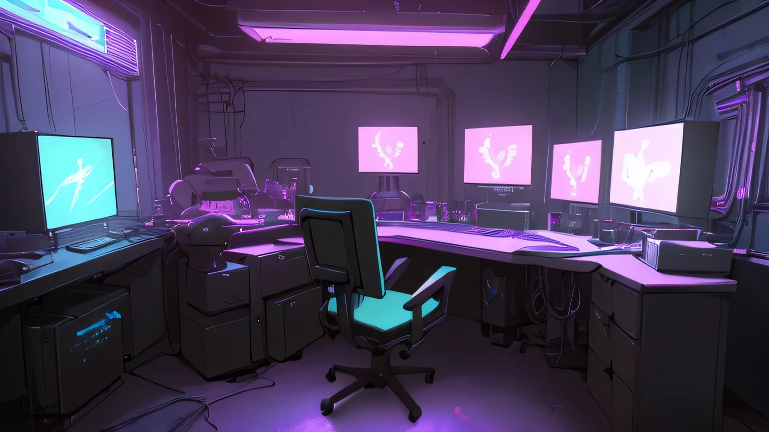 Realistic neon studio setup in the room,Cyberpunk Background,Front view,There is also a desk.。