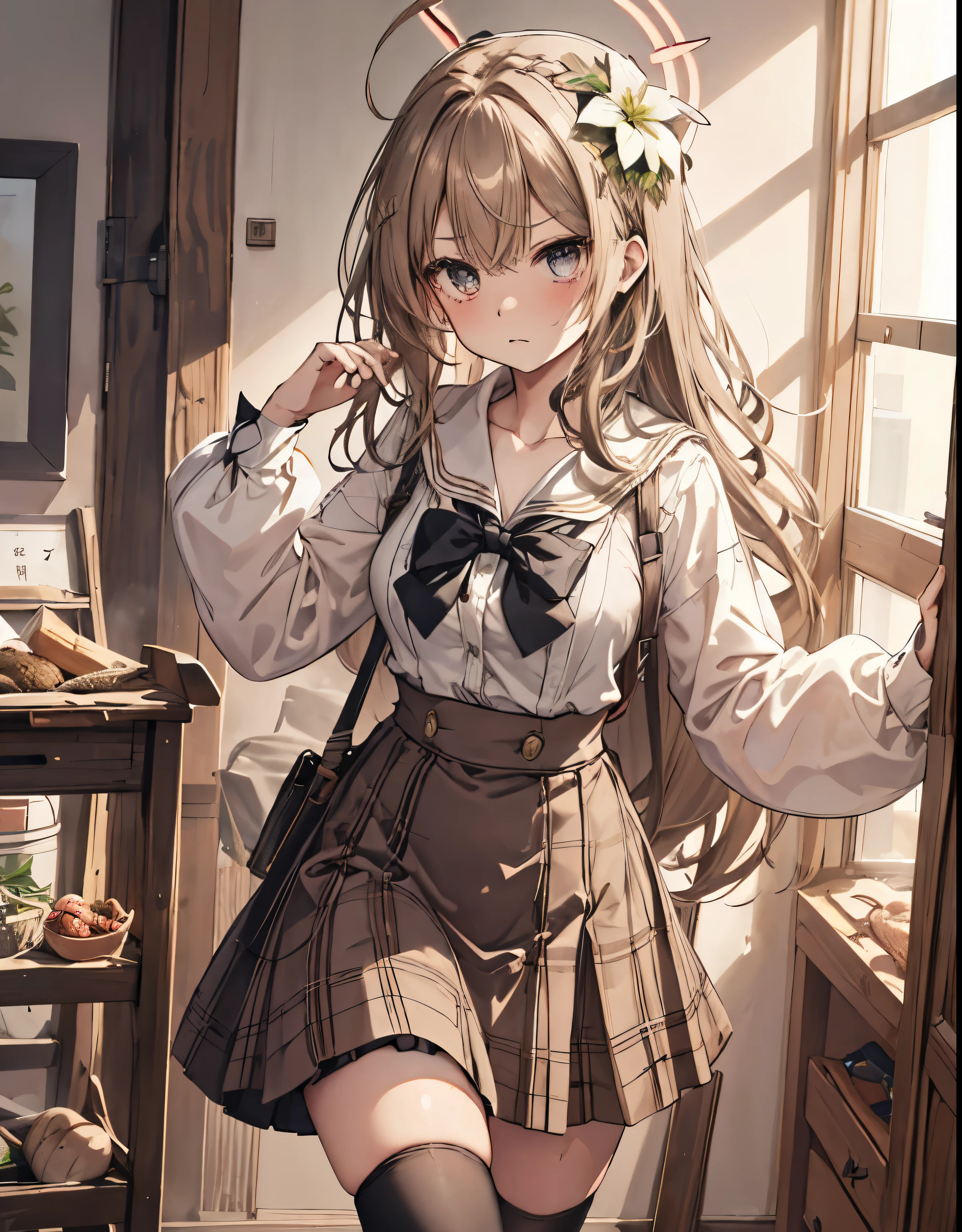 masterpiece, 1girl, sparrow, a light brown haired girl, wearing a sailor clothes, wavy medium hair, messy hair, slim body, he close her left eye, shirt ornament, ruby eyes, ahoge, baby face, huge breast, beautiful breasts, rounded breasts, long sleeves, beautiful eyes, white stocking, droopy eyes, skirt, black skirt, plaid skirt, her age is 19 years old, ricefield, bowtie, sailor collar, flared skirt, tight shirt, skirt, nagisa_bluearchive, angry face,