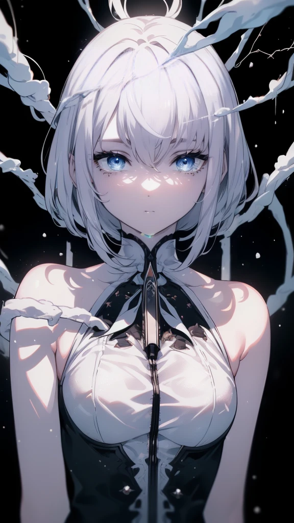 (masterpiece, highest quality, Ultra-high resolution), 1 boy, Are standing, , White office shirt, Black pleated skirt, ((jet black, jet black hair:0.7), I cut my long hair, White skin, ((blue eye)), Shine_eye, neon eye, (ultra detailed eye, Beautifully detailed face, detailed eye:0.9), ((in the center)), smile, ((Wide Shot)), In-person audience, eyeの高さ, (black background, 残りfire, fire), Flat Chest, Watching the audience, ((half closed eye)), ((Perfect hands)), (((head, arm, Hip, elbow, In the view))), ((Place your hands behind your back)), empty eye, Beautiful lighting, background, Defined Subjects, Age 25, Gray Hair,長いeyeで見る,short hair,snow,snow,吹snow,winter, (masterpiece, highest quality, highest quality, Official Art, Cosmetology and aesthetics: 1.2), (1 girl: 1.3), Very detailed, colorful, Most detailed ((Very detailed)), (Highly detailed CG illustration), (Very delicate and beautiful), (From above), Cinema Light, ((1. Mechanical Girl)), single, completion, (Machine made joints: 1.2), ((Mechanical Lin Bunny Mechanical Tentacles), (truth), (Genuine breasts), (Genuine, ((Mechanical cervical spine attached to the neck)), (Expressionless), (Wires and cables connected to the neck: 1.2), (Wires and cables connected to the head: 1.2) (Character Focus), SF, 黒のbackground, (((Sleeping on your back))), ((From above, Like a shot)), ((Lying on black)), ((whole body)),snow,吹snow,Smaller person