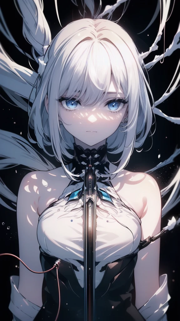 (masterpiece, highest quality, Ultra-high resolution), 1 boy, Are standing, , White office shirt, Black pleated skirt, ((jet black, jet black hair:0.7), I cut my long hair, White skin, ((blue eye)), Shine_eye, neon eye, (ultra detailed eye, Beautifully detailed face, detailed eye:0.9), ((in the center)), smile, ((Wide Shot)), In-person audience, eyeの高さ, (black background, 残りfire, fire), Flat Chest, Watching the audience, ((half closed eye)), ((Perfect hands)), (((head, arm, Hip, elbow, In the view))), ((Place your hands behind your back)), empty eye, Beautiful lighting, background, Defined Subjects, Age 25, Gray Hair,長いeyeで見る,short hair,snow,snow,吹snow,winter, (masterpiece, highest quality, highest quality, Official Art, Cosmetology and aesthetics: 1.2), (1 girl: 1.3), Very detailed, colorful, Most detailed ((Very detailed)), (Highly detailed CG illustration), (Very delicate and beautiful), (From above), Cinema Light, ((1. Mechanical Girl)), single, completion, (Machine made joints: 1.2), ((Mechanical Lin Bunny Mechanical Tentacles), (truth), (Genuine breasts), (Genuine, ((Mechanical cervical spine attached to the neck)), (Expressionless), (Wires and cables connected to the neck: 1.2), (Wires and cables connected to the head: 1.2) (Character Focus), SF, 黒のbackground, (((Sleeping on your back))), ((From above, Like a shot)), ((Lying on black)), ((whole body)),snow,吹snow,Smaller person