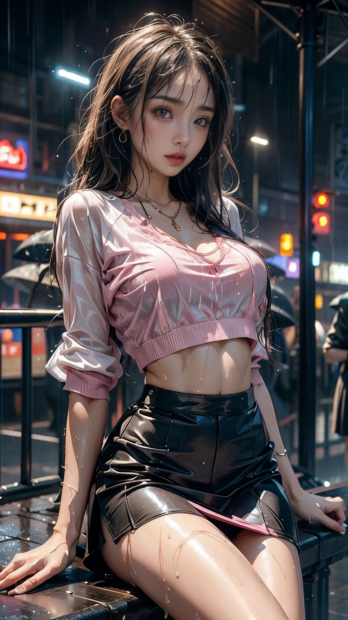 (Realistic:1.5, 16k, highest quality, masterpiece, Ultra-high resolution), ((Typhoon heavy rain, From below)), Perfect dynamic composition:1.2, (Modern city at night, Expressions of sadness:0.9, Sit on the stairs:1.0), Highly detailed skin and facial textures:1.2, Young Japanese woman getting wet in the rain:1.3, Incredibly slim body:1.2, Fair skin:1.2, Sexy beauty:1.1, beautifully、beautiful:1.1, Very beautiful face:1.2, Water droplets on the skin, (The rain drips down on my body:1.2, Wet body:1.2, Wet Hair:1.3), (Wet pink tight skirt:1.2, Wearing wet casual clothes:1.3), (Shapely large breasts, Chest gap), (Big eyes that exude beautiful eroticism:0.8, Lips that exude beautiful eroticism:0.8), necklace, Earrings, bracelet, wedding ring, Shoulder bag, clock, Cowboy Shot