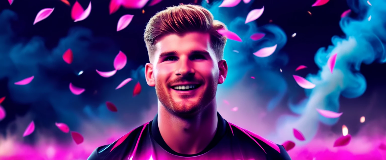 Movie Poster - poster of a movie with the big ((title "FC 24")), (((German soccer player Timo Werner))), (((looking at the viewer))), (falling pink petals) (((((Smiling Face))))), (((neon light))), (electricity:1.2), (smoke:1.4), (RTX) cinematic film shot in 70mm, depth of field, vivid colors, (best quality,ultra-detalhado,Realistic:1.37), (8k, ARTISTIC photography, best quality, masterpiece: 1.2), (realistic, photorealistic:1.37), over-detailed, (high-detail skin: 1.2), 8k UHD, SLR camera, soft lighting, high quality, film grain, cinematic lighting, photonic display, brightness, physically rendered photo, (dynamic pose ), extremely high-quality graphics, over-detailed face, (((cinematic lighting))), ((clear details)),