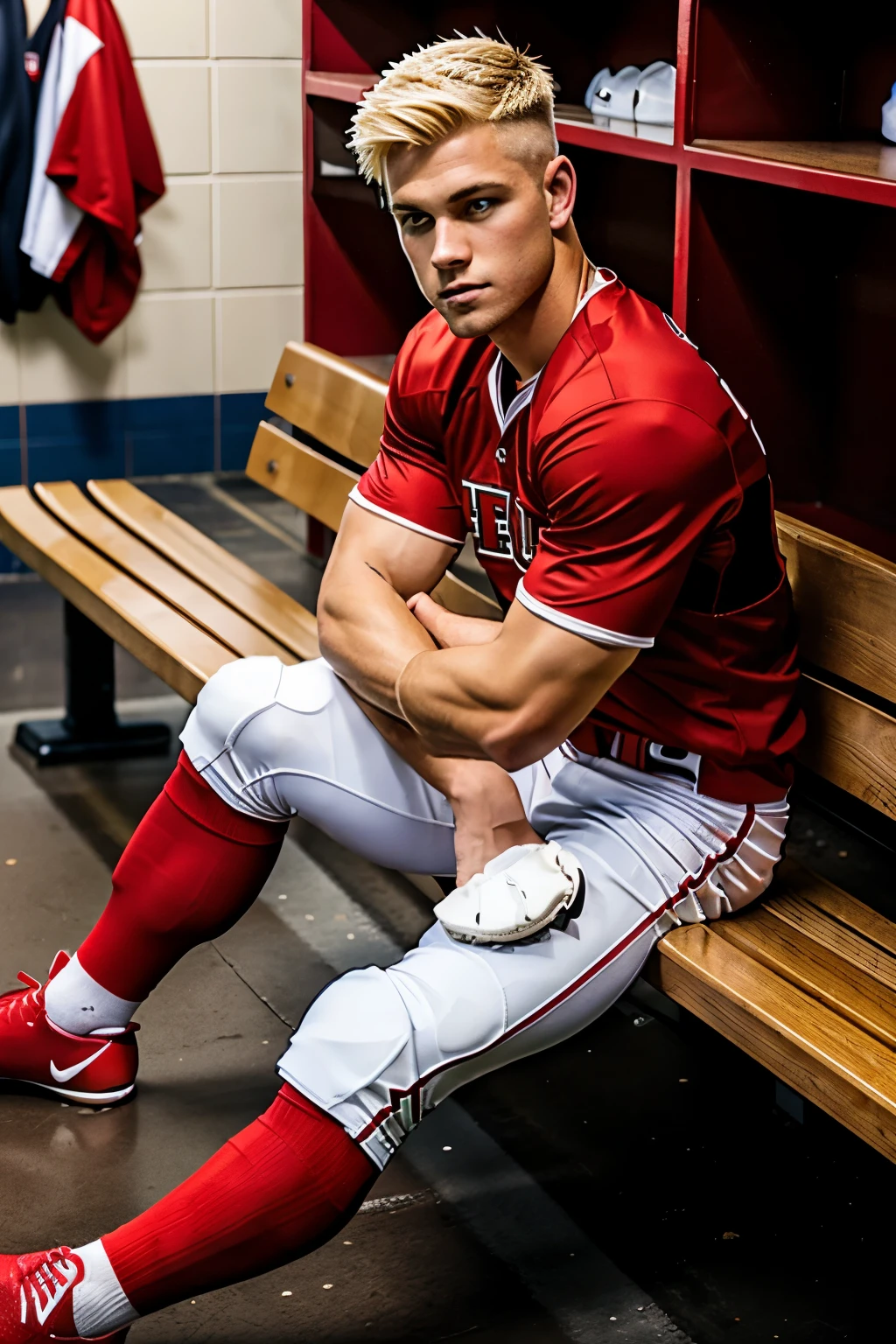 full body view, one over-Muscular bodybuilded white baseball male player with blond undercut hair, sitting on a bench in lockerroom in red football gear, red football socks, looking anxious