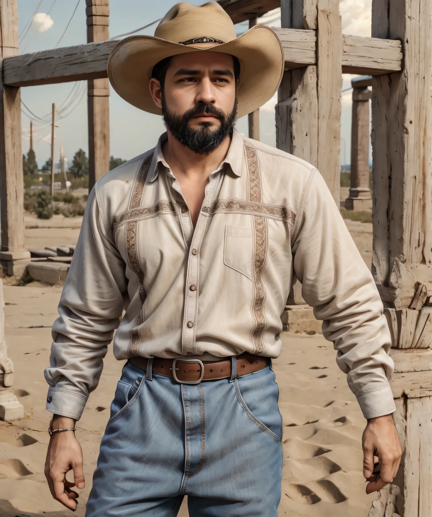 Obra maestra, desenfoque de campo, Parte superior del cuerpo, Hands in pants pockets , 38 year old man with beard and cowboy hat.. Man in checkered shirt in action movie with long guns, con cielo rojo de fondo.