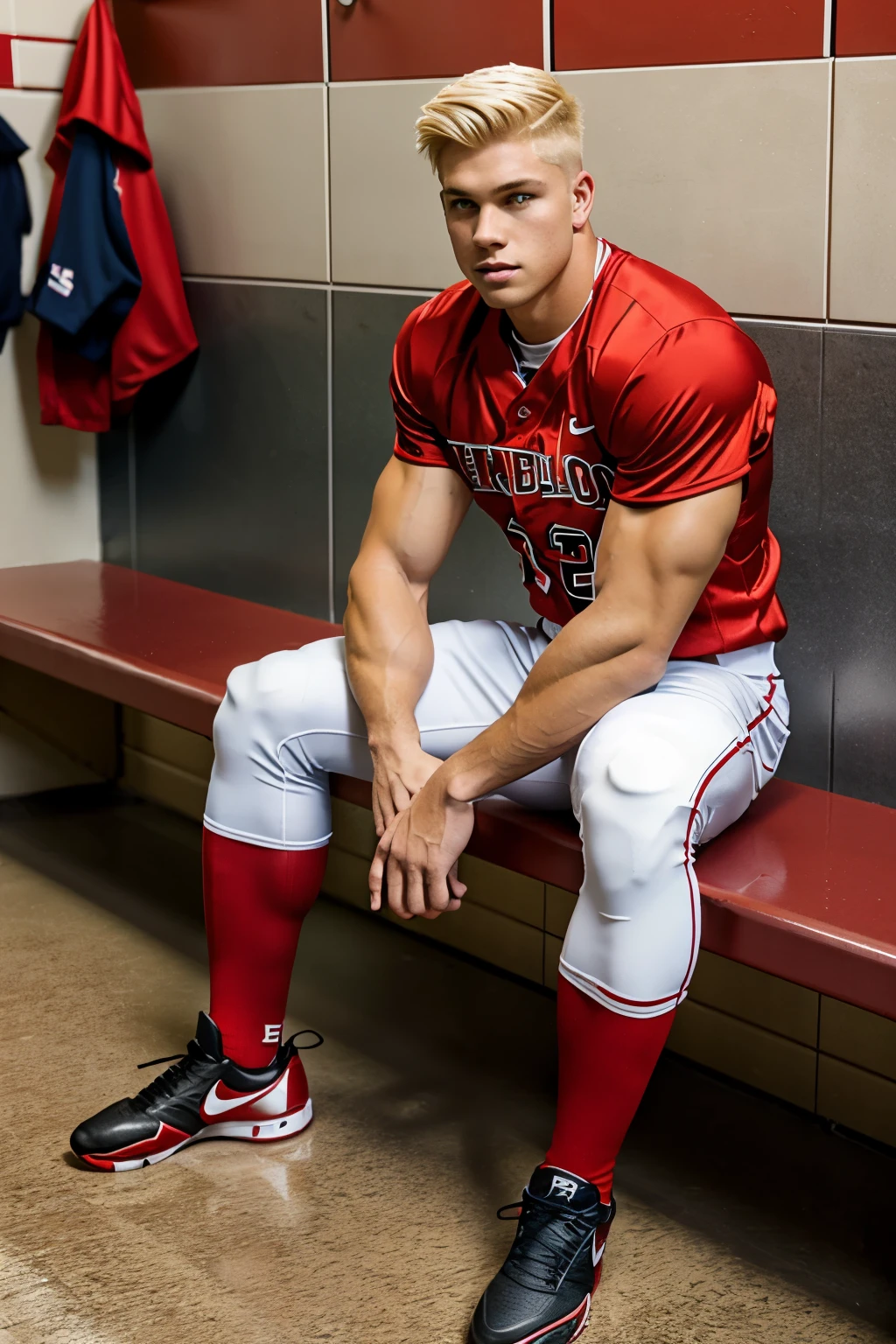 full body view, one over-Muscular bodybuilded white baseball male player with blond undercut hair, sitting on a bench in lockerroom in red football gear, red football socks, looking anxious