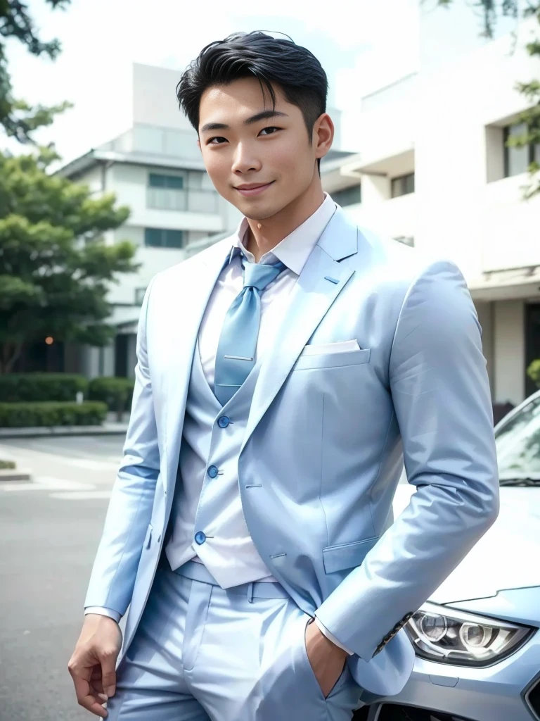 (( real photos))((highest quality))The light on the face is natural and realistic(( Smile and comfortable )) An asian man in a Set standing in front of a car, wearing a light blue Set, Handsome young man, wearing fashion Set,  wearing Set, blue Set, well dressed, , Set, Japanese male, tight light blue neopren Sets