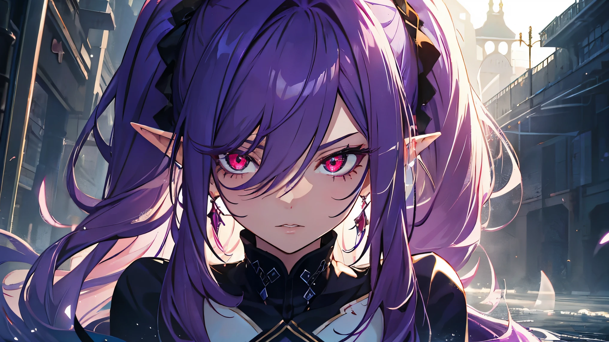 With purple hair and red eyes,beautiful as a fairy,A melancholy expression that stirs affection,side face,floating hair,light particles,glare,vivid,fancy,dreamlike,a dim atomshpere,detailed face, 4k, Y2K clothing, purple twin tails, massive , , idol, masterpiece for eyes, long lashes, juicy lips, highlights in eyes, elf ears, tattoos, ((red eyes))