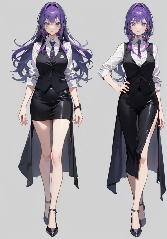 ((Perfect Face)),((smile)),Purple Hair,voluminous long hair,1 female,bartender,suit,Black vest,Shirt with rolled up sleeves,tie,slit,High heels,,((Simple Background)),smile,((whole body)),((whole body)),Portraiture,virtual,upright,,Both arms are down,Standing upright with face and body facing forward,