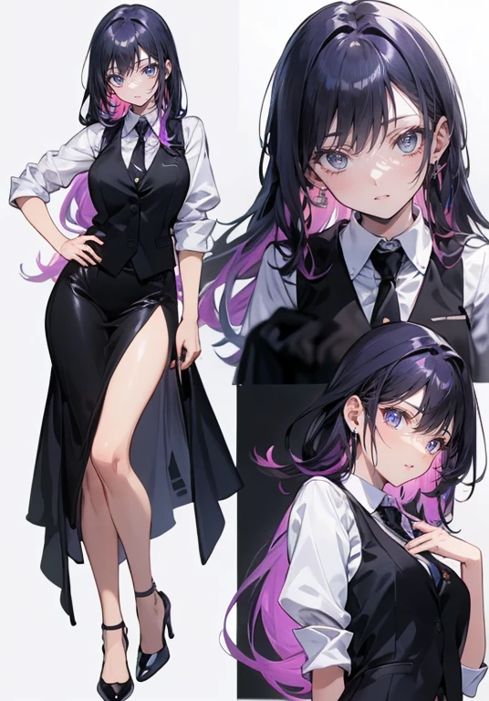 ((Perfect Face)),Purple Hair,voluminous long hair,1 female,bartender,suit,Black vest,Shirt with rolled up sleeves,tie,slit,High heels,,((Simple Background)),smile,((Full Body)),((full body)),Portraiture,virtual,upright,,Both arms are down,Standing upright with face and body facing forward,