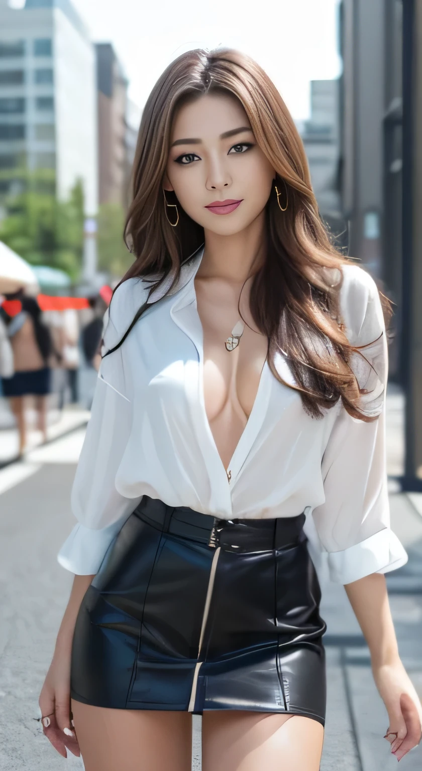 ((highest quality、8k、masterpiece:1.3))、Sharp focus:1.2、From the knee up、Beautiful woman with perfect style:1.4、Slim Abs:1.2、((Dark brown hair、:1.2))、(Natural soft light、City Street:1.1)、Highly detailed face and skin texture、Detailed eyes、double eyelid、Sexy secretary in a tight miniskirt with side slits、smile、Open shirt、Sexy Costumes