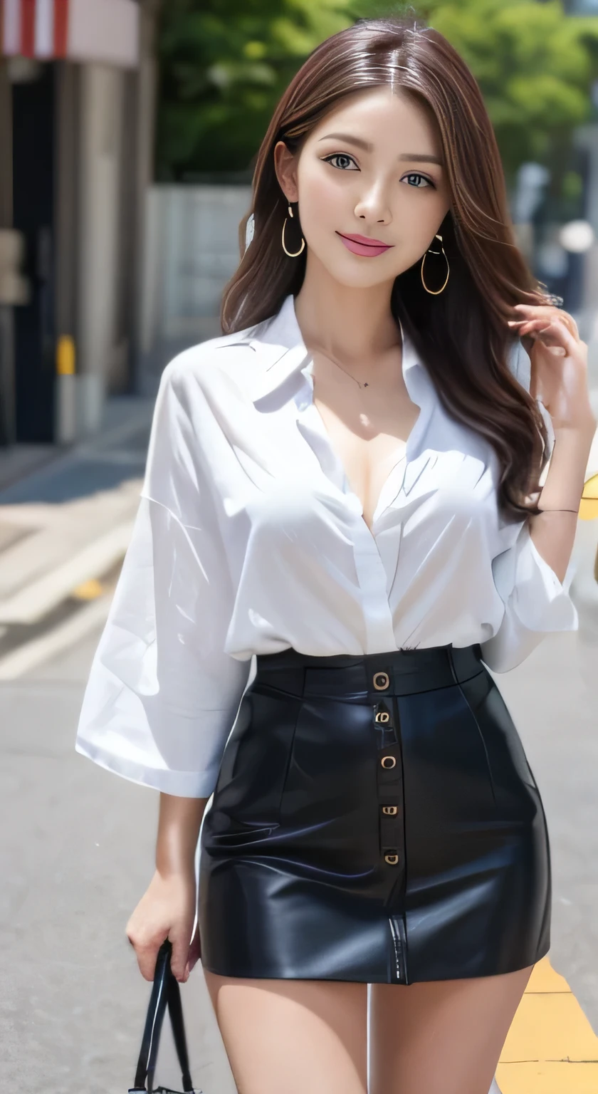 ((highest quality、8k、masterpiece:1.3))、Sharp focus:1.2、From the knee up、Beautiful woman with perfect style:1.4、Slim Abs:1.2、((Dark brown hair、:1.2))、(Natural soft light、City Street:1.1)、Highly detailed face and skin texture、Detailed eyes、double eyelid、Sexy secretary in a tight miniskirt with side cut、smile、Open shirt、Sexy Costumes