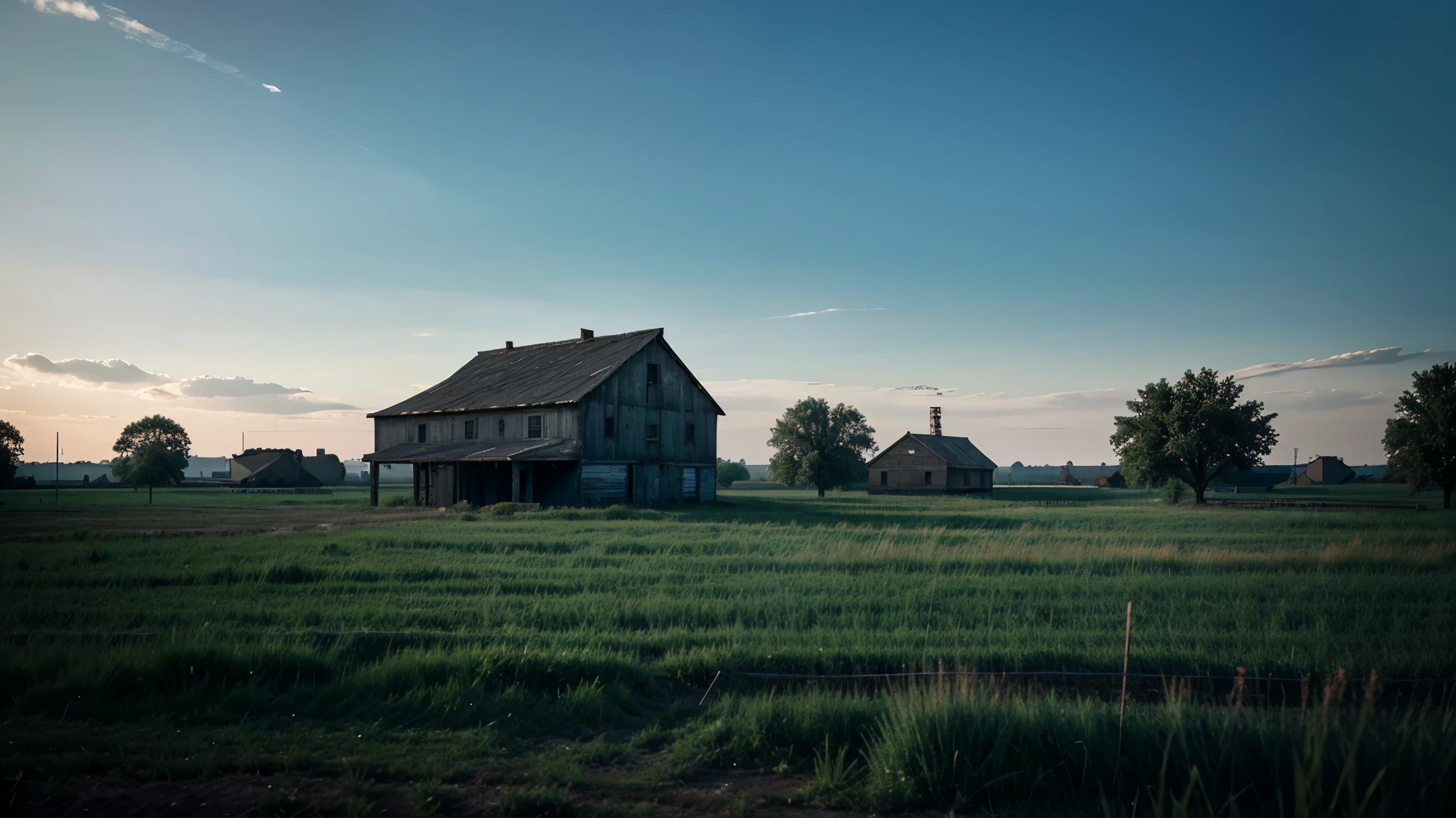 nebeliges, rural field, old building in the distance, long shot, blue tone, realistic 3D