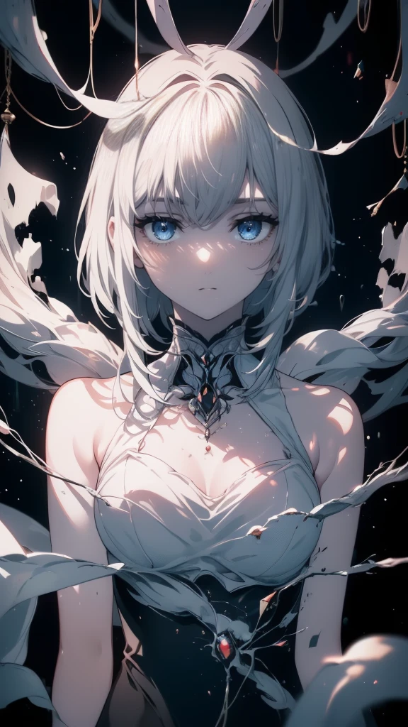 (masterpiece, highest quality, Ultra-high resolution), 1 boy, Are standing, , White office shirt, Black pleated skirt, ((jet black, jet black hair:0.7), I cut my long hair, White skin, ((blue eye)), Shine_eye, neon eye, (ultra detailed eye, Beautifully detailed face, detailed eye:0.9), ((in the center)), smile, ((Wide Shot)), In-person audience, eyeの高さ, (black background, 残りfire, fire), Flat Chest, Watching the audience, ((half closed eye)), ((Perfect hands)), (((head, arm, Hip, elbow, In the view))), ((Place your hands behind your back)), empty eye, Beautiful lighting, background, Defined Subjects, Age 25, Gray Hair,長いeyeで見る,short hair,snow,snow,吹snow,winter, (masterpiece, highest quality, highest quality, Official Art, Cosmetology and aesthetics: 1.2), (1 girl: 1.3), Very detailed, colorful, Most detailed ((Very detailed)), (Highly detailed CG illustration), (Very delicate and beautiful), (From above), Cinema Light, ((1. Mechanical Girl)), single, completion, (Machine made joints: 1.2), ((Mechanical Lin Bunny Mechanical Tentacles), (truth), (Genuine breasts), (Genuine, ((Mechanical cervical spine attached to the neck)), (Expressionless), (Wires and cables connected to the neck: 1.2), (Wires and cables connected to the head: 1.2) (Character Focus), SF, 黒のbackground, (((Sleeping on your back))), ((From above, Like a shot)), ((Lying on black)), ((whole body)),snow,吹snow,Smaller person