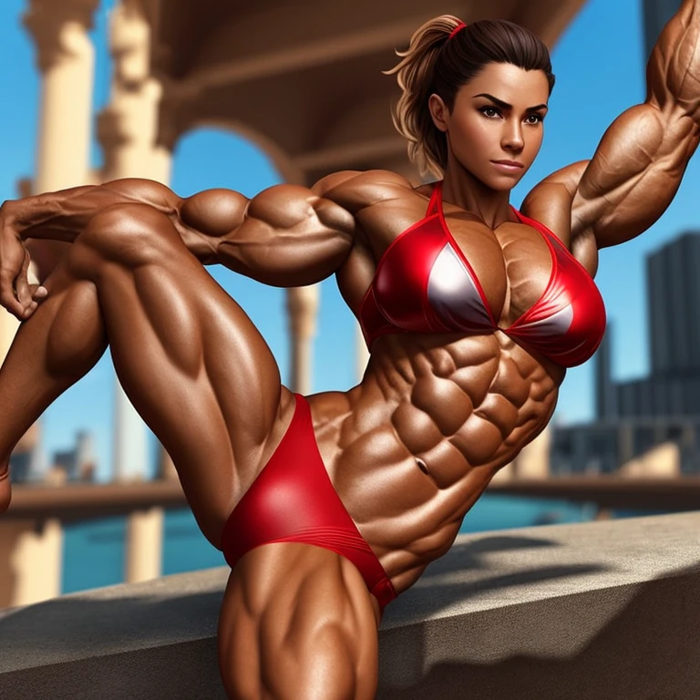 Jessica Alba sitting on a ledge, exaggerated muscle physique, exaggerated physique, vascularity, bodybuilder physique, Detalhe intrincado Realismo HDR, corpo do fisiculturista femenina, muscular female character, forte e imponente, chiseled muscles, figura femenina musculosa, zbrush 3 d render, Mujer extremamente detalhado, muscular female hero