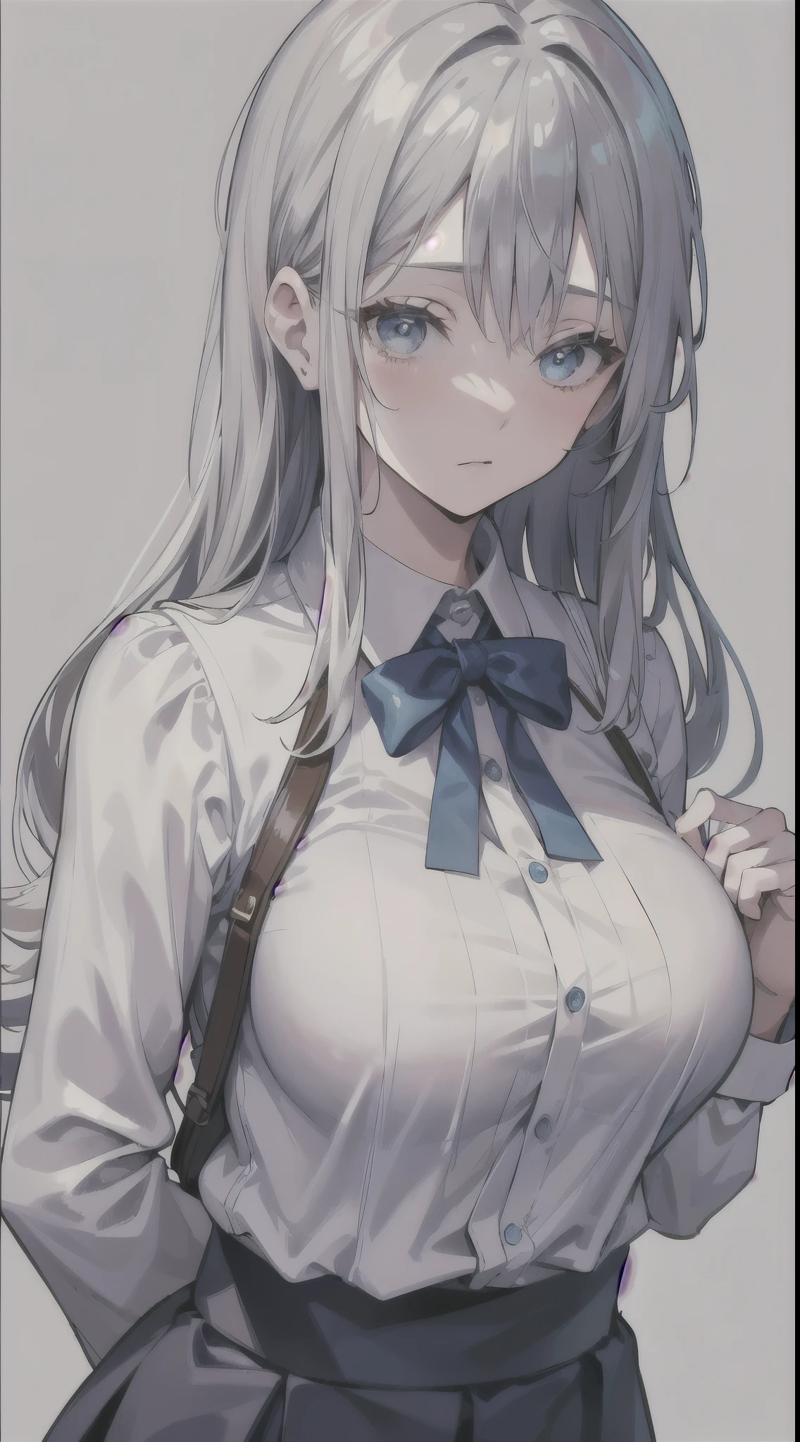Adult women,Silver hair,masterpiece,high quality,Blank Background,Blue Eyes,big breast,(30岁Adult women),Female students,Wear student attire,milf