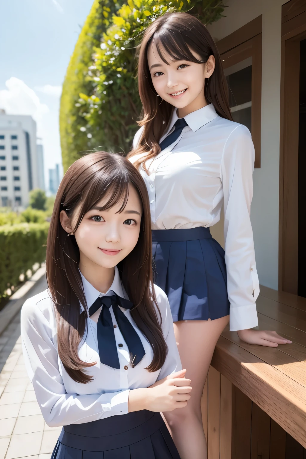 masterpiece, Highest quality, 8k, Two young and beautiful, 、着衣Big Breasts、((((Two people))))((((((10 years Large Breasts:1.3)), photo shoot, Cute Face, Thighs,、smile, 10 generations, Detailed face, Background Blur、Long Hair、Blonde、Big Breasts、Cleavage、Tight waist,(((((Cleavage))))mini skirt((White collared shirt))mini skirt、Navy Pleated Skirt、high school girl、necklace