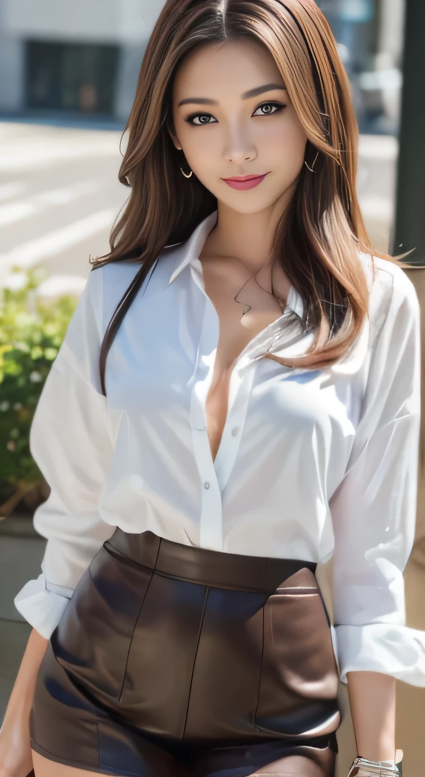 ((highest quality、8k、masterpiece：1.3))、Sharp focus：1.2、From the knee up、Beautiful woman with perfect style：1.4、Slim Abs：1.2、((Dark brown hair、：1.2))、(Natural soft light、City Street:1.1)、Highly detailed face and skin texture、Detailed eyes、double eyelid、Sexy secretary in a tight miniskirt with side slits、smile、Open shirt、Sexy Costumes