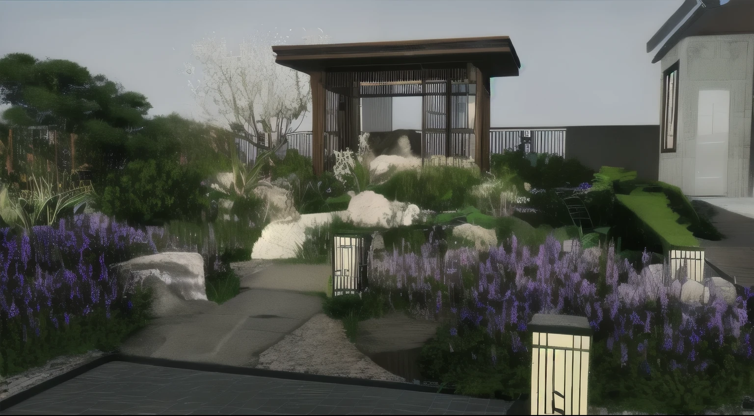 There is a small garden there，There are purple flowers and rocks inside, Realistic Garden, Rendering, 在 lumion 中Rendering pro, 在 Enscape 中Rendering, Japanese Garden, 高度详细的Rendering, 亮度Renderinging, garden environment, 完全详细Rendering, 亮度Rendering, 在 lumion 中Rendering, beauti完全详细Rendering, 非常详细的Rendering, Is transparent, Highly detailed scenes