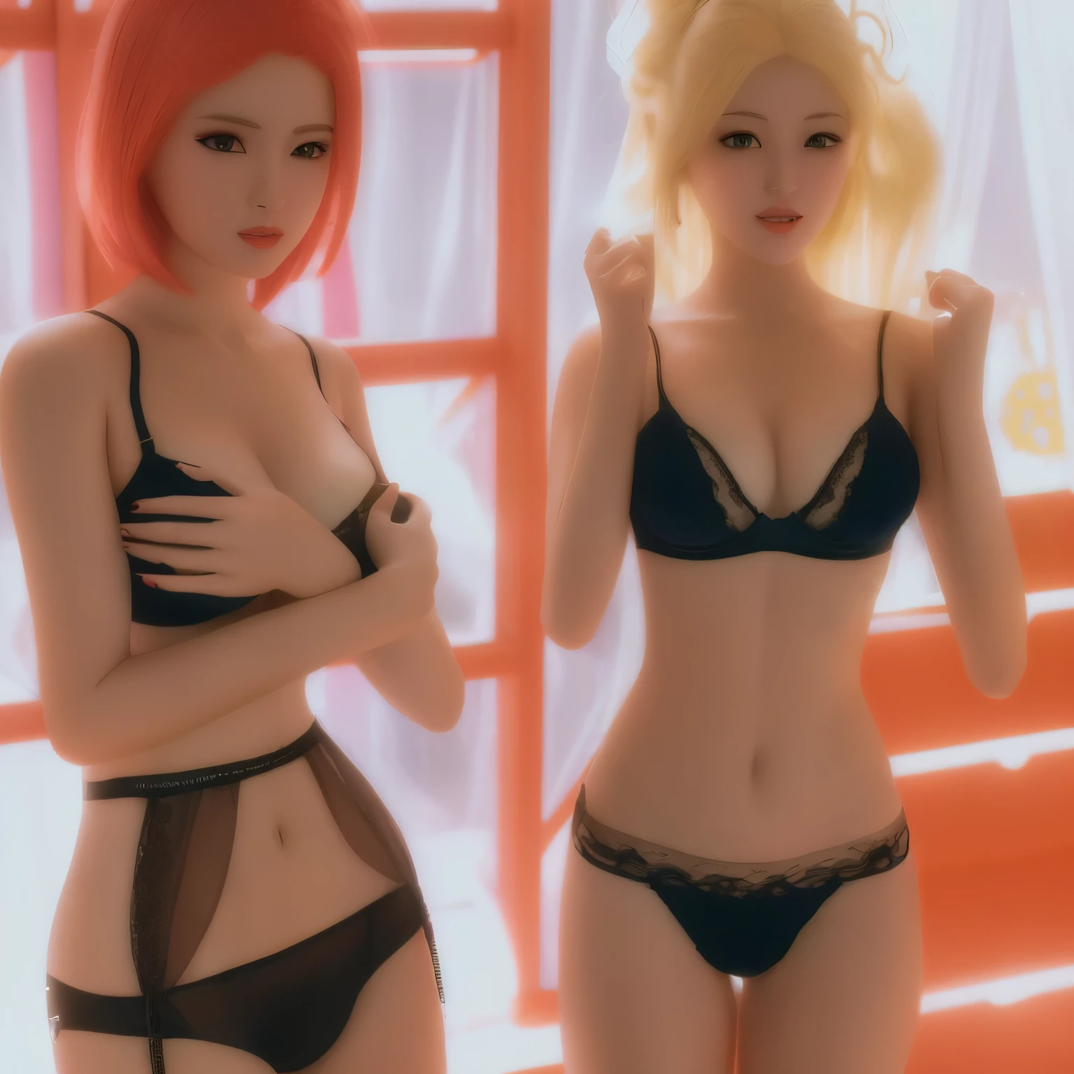 two women in lingersuits are standing next to each other, asuka suit under clothes!, barbie doll in panties and bra, in clothes! highly detailed, trending at cgstation, various seducing pose, realistic bikini, trending on cgstation, posing together in bra, put on a mannequin, wearing sexy lingerie, photorealistic perfect body, seductive. highly detailed