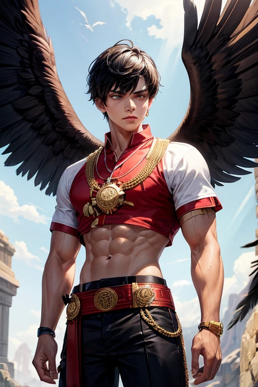 Boy with black hair, short red shirt, white shirt, black pants, eagle belt, amarillo eyes, eagle wings on his back, brown feathers with red tips, muscular complexion, slim golden Aztec medallion