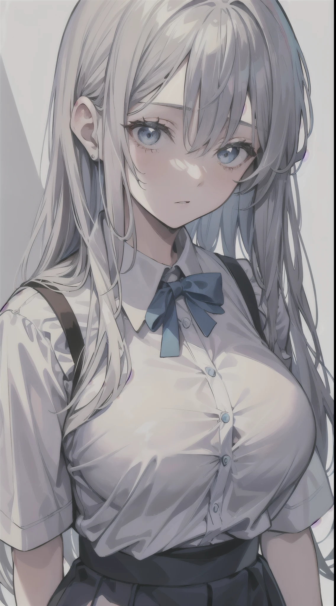 Adult women,Silver hair,masterpiece,high quality,Blank Background,Blue Eyes,big breast,(30岁Adult women),Female students,Wear student attire,milf