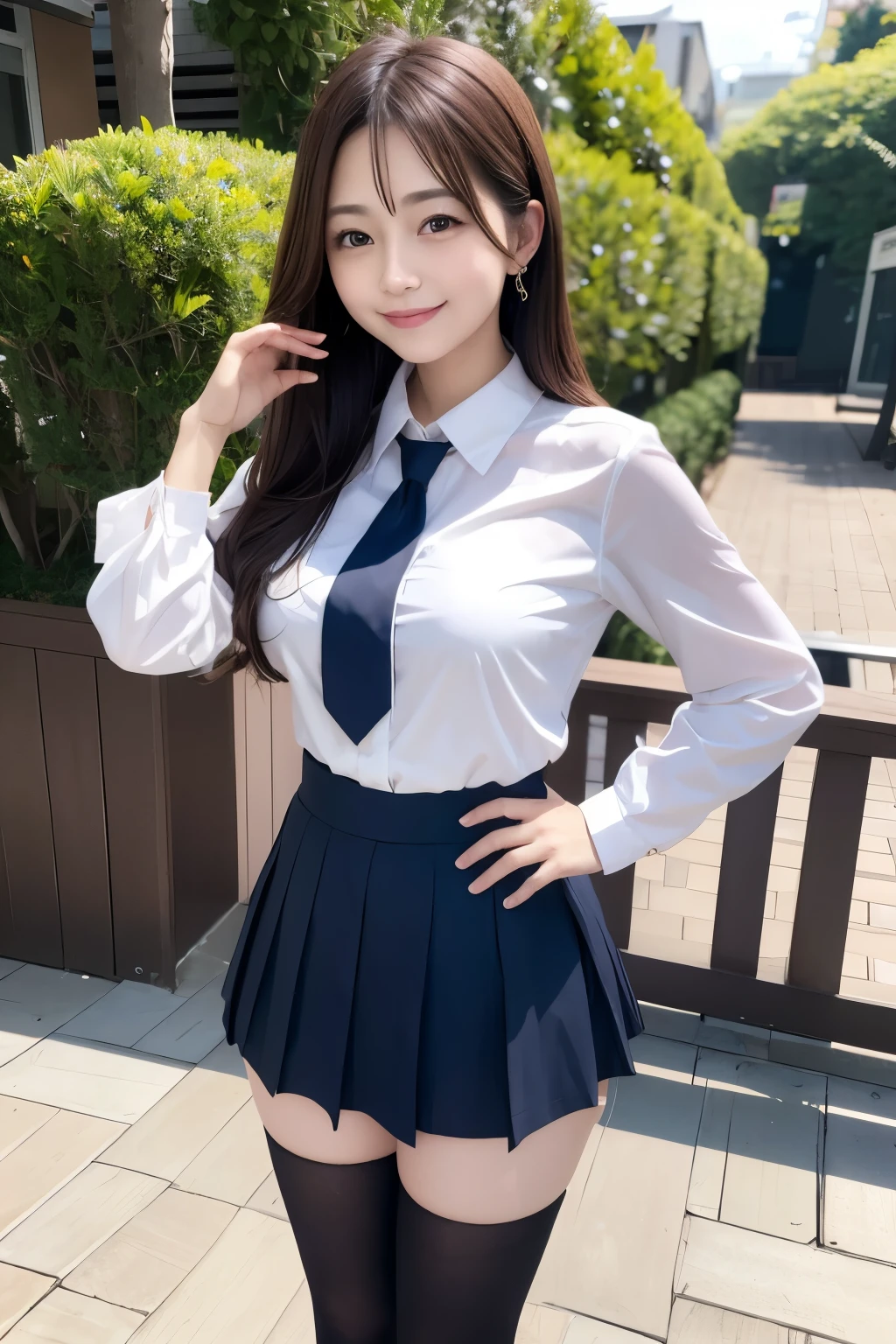 Girl and girl, ((uniform)), blouse, lifts skirt, light smile, outdoors,