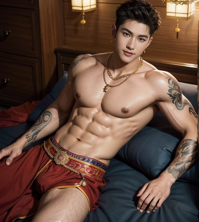 ( safe for work),Two handsome boys kissing, smiling at each other,hugging, kissing, touching lips, cuddle, romantic,skin ship, Chinese Men God, Mythology, realistic, Chinese odyssy, super Handsome,manly, kpop idol, handsome korean actor, 20 years old,, detailed face, manly jawline, detailed mess short curly styling hair, Topless, Muscles, big breast Athlete body, Full Frame,full body shoots, realistic, human skin, tattoo breast, Professional studio Lighting, long red tibet wedding Outfit, jade and golden pendent all over , detailed jewery in dress, earings,Chinese ancient wedding Background,out door, super detailed background,look at camera , open mouth, thin Underneathe Underwear, tibet Warrior, Hanfu red wedding dress, tibet Male, tibet Nobel, Seduce , bare chest , tattoo chest, tattoo arms, tattoo hands, tattoo back, tattoo legs , tattoo belly, big juicy butts,