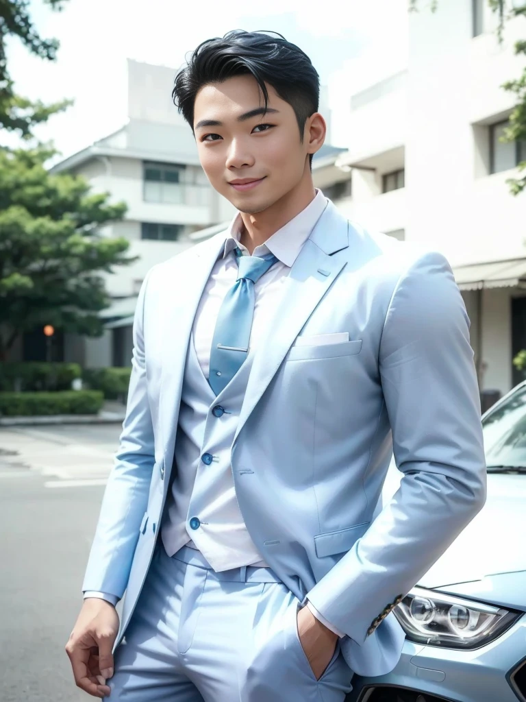 (( big eyes and keep eyes contact ))(( real photos))((highest quality))The light on the face is natural and realistic(( Smile and comfortable )) An asian man in a Set standing in front of a car, wearing a light blue Set, Handsome young man, wearing fashion Set,  wearing Set, blue Set, well dressed, , Set, Japanese male, tight light blue neopren Sets