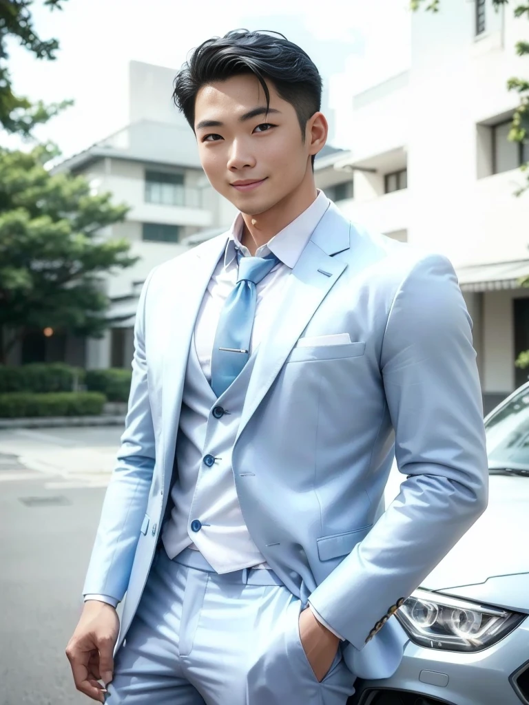 (( big eyes and keep eyes contact ))(( real photos))((highest quality))The light on the face is natural and realistic(( Smile and comfortable )) An asian man in a Set standing in front of a car, wearing a light blue Set, Handsome young man, wearing fashion Set, wearing Set, blue Set, well dressed, , Set, Japanese male, tight light blue neopren Sets