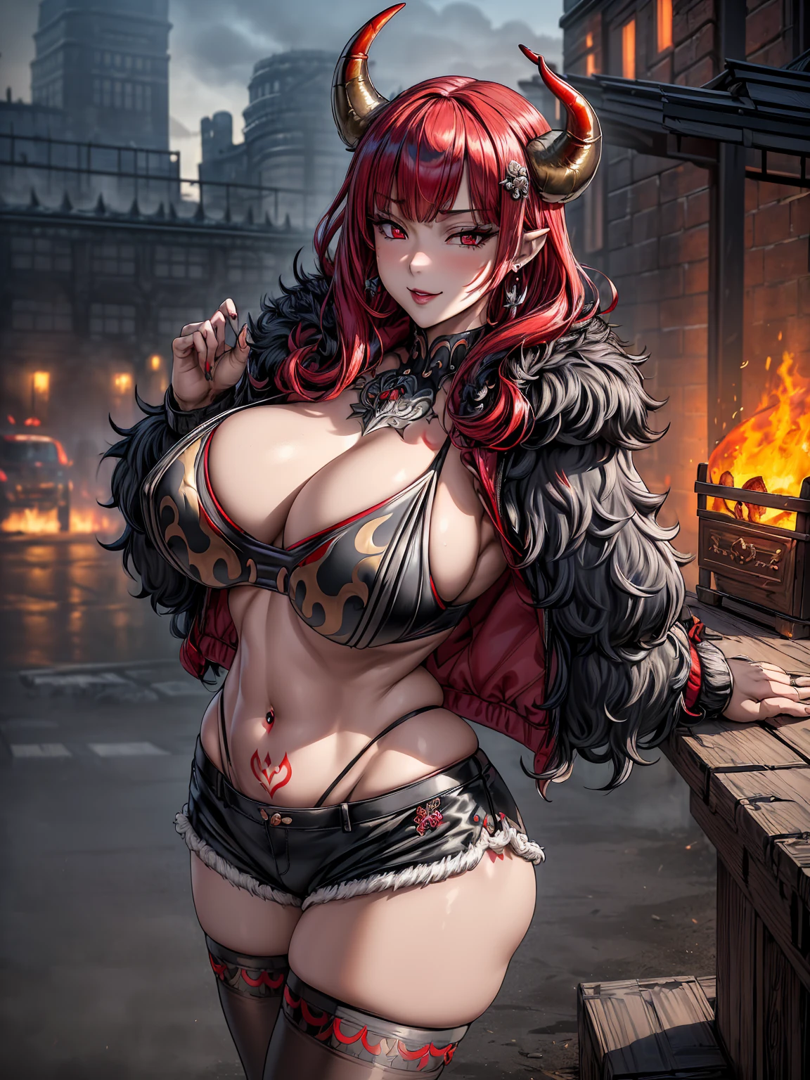 (masterpiece, best quality), intricate complex details, very detailed, high quality, highly detailed, (((1girl, solo))), make up, blushing, ((beautiful eyes, perfect face)), looking at viewer, ((huge breasts, wide hips, mature female, milf, skindentation)), (((demon horns, demon wings, demon tails))), ((sharp eyelashes, beautiful red eyes)), ((red hair, long hair, bangs)), ((tattoo, earrings, hair ornaments, hair accessories)), ((black crop top, fur jacket, shorts, thigh highs)), alluring smile, ((erotic pose, standing)), ((close-up)), (((outdoors, hell, hellscape, fire)))