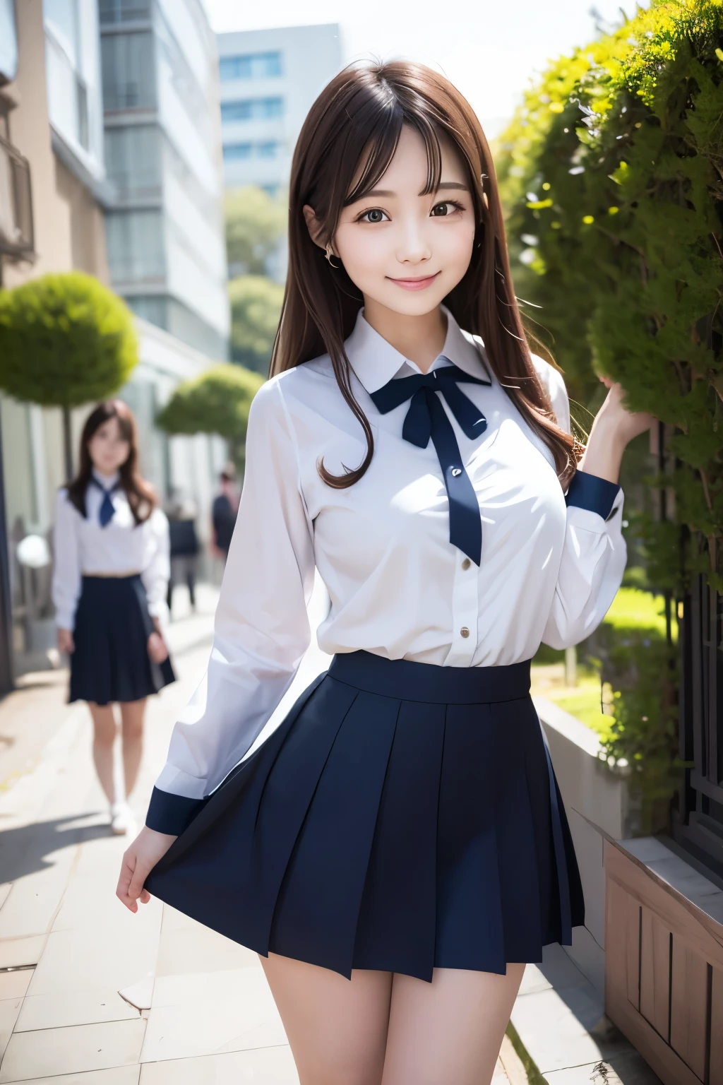 Girl and girl, ((uniform)), blouse, lifts skirt, light smile, outdoors,