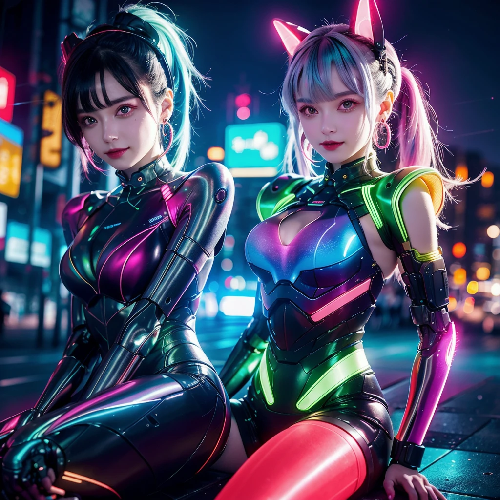 A cool Japanese manga-style illustration,Goth style with black, magenta and fluorescent green,One person, Twintails tied high, Magenta and fluorescent green gradient hair, The setting is a kaiten-zushi (conveyor belt sushi) restaurant,They are smiling and enjoying themselves, sweeping away the plates of sushi on the conveyor belt with their arm.,