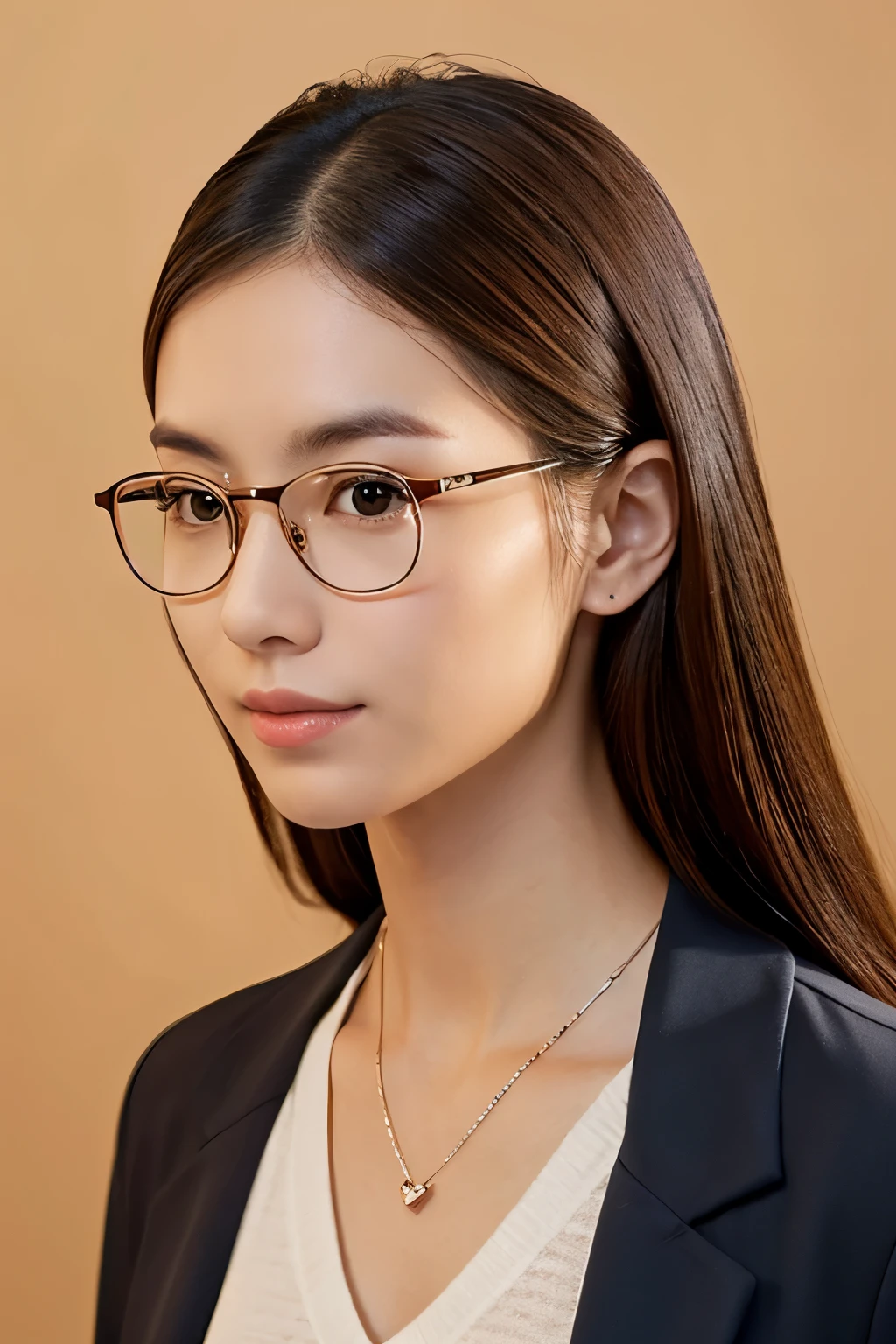 womanの肖像, Late 20s, Philippine nationality, illuminated face, Upper body composition, Realistic high definition images. Features: shoulder-length brown hair, Intellectual appearance with glasses, Simple contours, Well-defined eyebrows, Deep Eyes, Straight nose, Soft mouth. clothing: A calm color T-shirt, Classic Blazer, Pendant Necklaces. Year: 28, gender: woman. To achieve a realistic look、Ensure that the depiction contains subtle imperfections。.