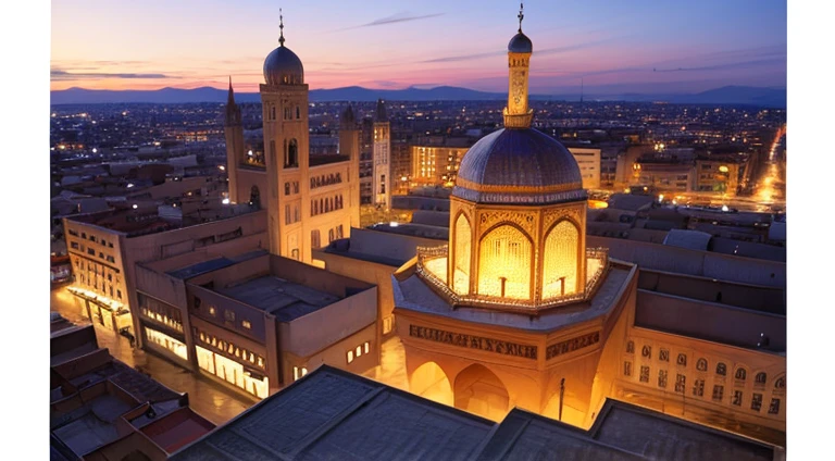 4k resolution picture, ultra realistic picture, Marrakech city, a huge mosque with dome on top, entire market area in top views, shops everywhere, Moroccan architectures, top views