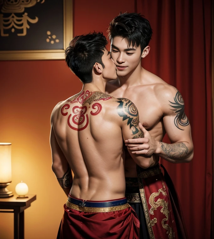 ( safe for work),Two handsome boys kissing, smiling at each other,hugging, kissing, touching lips, cuddle, romantic,skin ship, Chinese Men God, Mythology, realistic, Chinese odyssy, super Handsome,manly, kpop idol, handsome korean actor, 20 years old,, detailed face, manly jawline, detailed mess short curly styling hair, Topless, Muscles, big breast Athlete body, Full Frame,full body shoots, realistic, human skin, tattoo breast, Professional studio Lighting, long red tibet wedding Outfit, jade and golden pendent all over , detailed jewery in dress, earings,Chinese ancient wedding Background,out door, super detailed background,look at camera , open mouth, thin Underneathe Underwear, tibet Warrior, Hanfu red wedding dress, tibet Male, tibet Nobel, Seduce , bare chest , tattoo chest, tattoo arms, tattoo hands, tattoo back, tattoo legs , tattoo belly, big juicy butts,