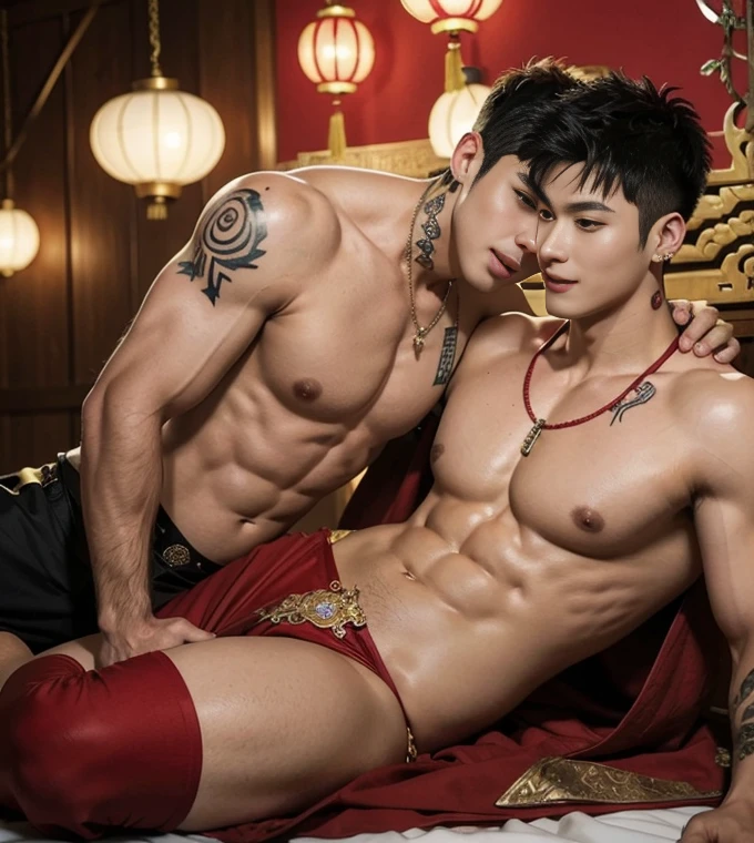 ( safe for work),Two handsome boys kissing, smiling at each other,hugging, kissing, touching lips, cuddle, romantic,skin ship, Chinese Men God, Mythology, realistic, Chinese odyssy, super Handsome,manly, kpop idol, handsome korean actor, 20 years old,, detailed face, manly jawline, detailed mess short curly styling hair, Topless, Muscles, big breast Athlete body, Full Frame,full body shoots, realistic, human skin, tattoo breast, Professional studio Lighting, long red tibet wedding Outfit, jade and golden pendent all over , detailed jewery in dress, earings,Chinese ancient wedding Background,out door, super detailed background,look at camera , open mouth, thin Underneathe Underwear, tibet Warrior, Hanfu red wedding dress, tibet Male, tibet Nobel, Seduce , bare chest , tattoo chest, tattoo arms, tattoo hands, tattoo back, tattoo legs , tattoo belly, big juicy butts,
