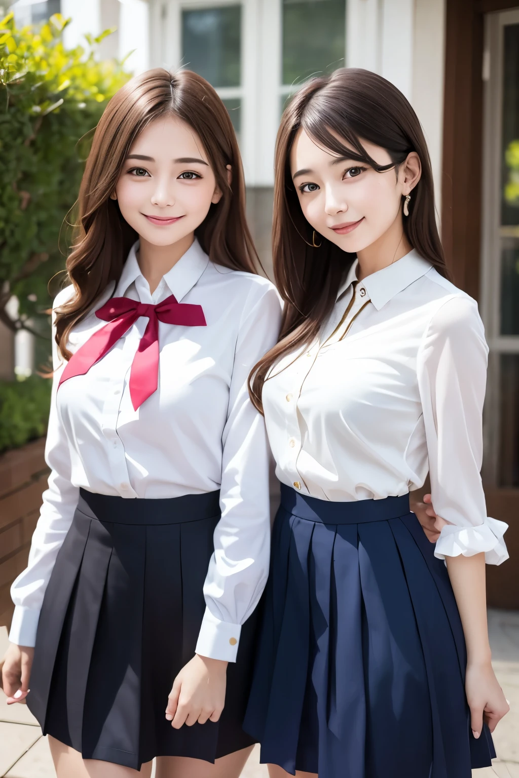 Girl and girl, ((uniform)), blouse, lifts skirt, light smile, outdoors,