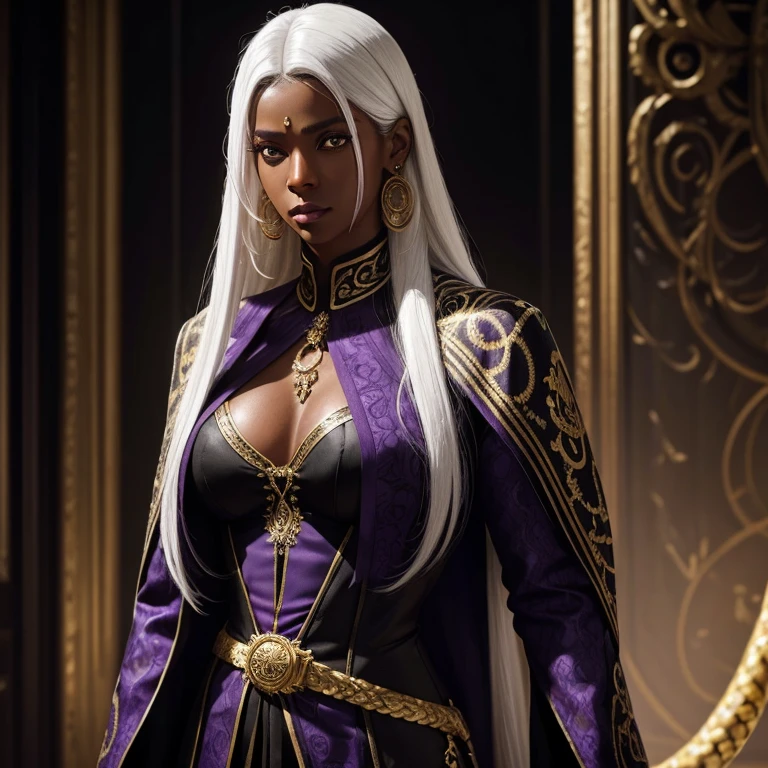 A  with a leash of straight white hair, dark skin, Latin ancestry, purple irises, wearing a black tatical suit with golden threads and wearing golden earrings shaped like snakes. Detailed eyes, detailed face, intricate grunge outfits, cinematic lighting, realistic concept art of strong backlighting.
