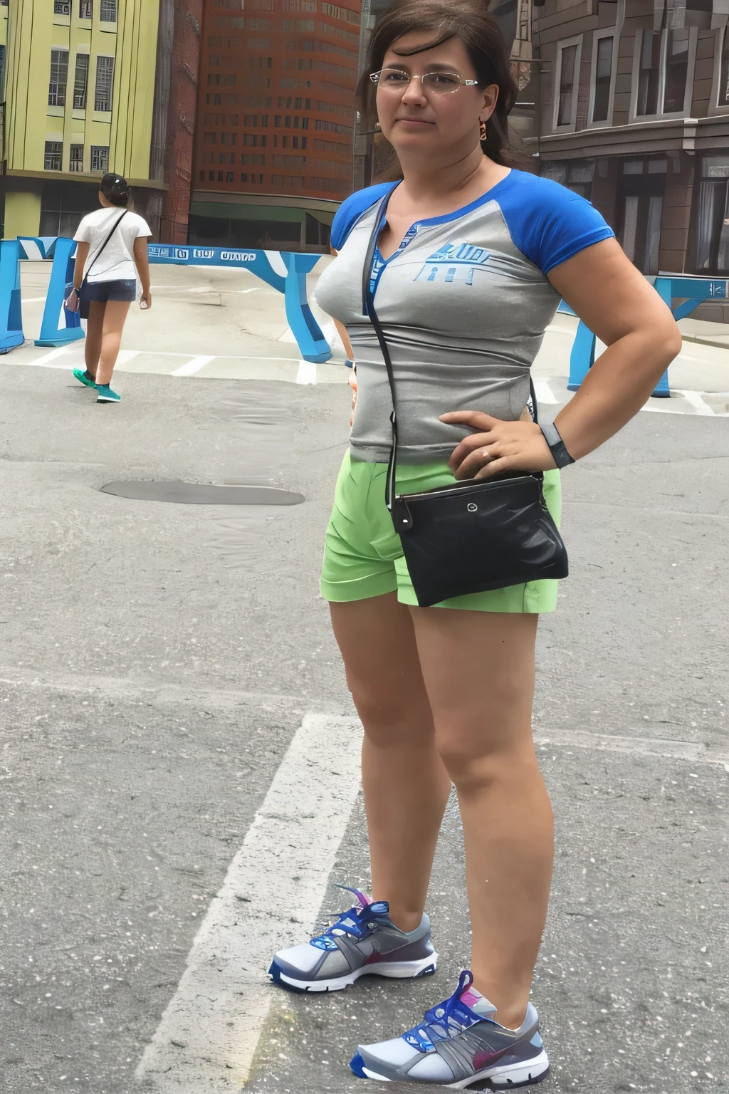 woman standing in the middle of a street with a purse, mid 2 0's female, wearing shorts and t shirt, dressed in a top and shorts, standing in a parking lot, wearing black shorts, wearing a camisole and shorts, legs visible, wearing a tank top and shorts, fit pic, wearing fitness gear, standing in street, in shorts