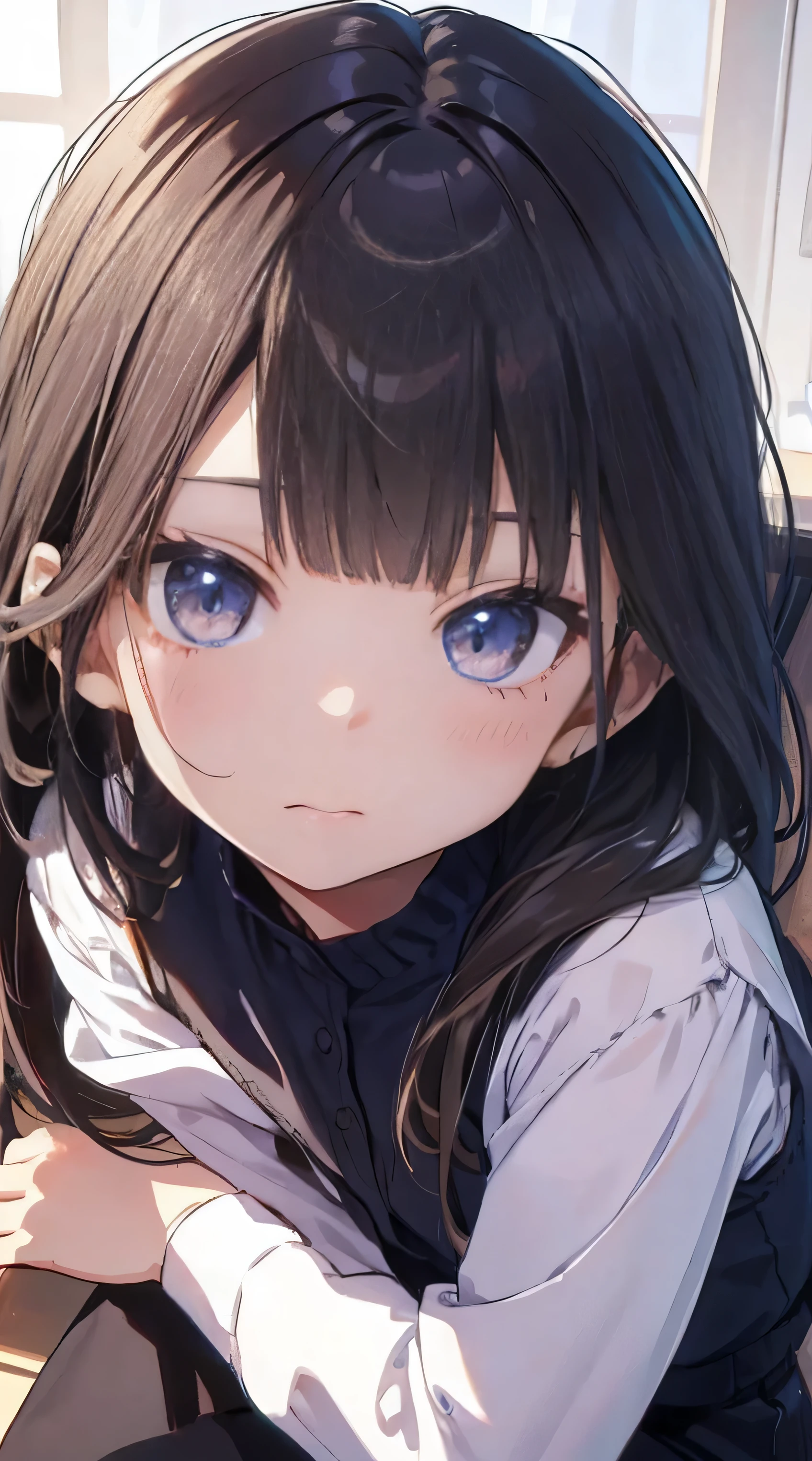 Masterpiece、Highest quality、highest quality、(((Lori)))、 ((Petite))、Shiny hair quality、Small face、Sitting、Super detailed, beautiful, wide eyes、Ultra-detailed, clear and beautiful faces、(cute illustration:1.2), High-resolution, ultra-detailed, best quality, embarrassed
